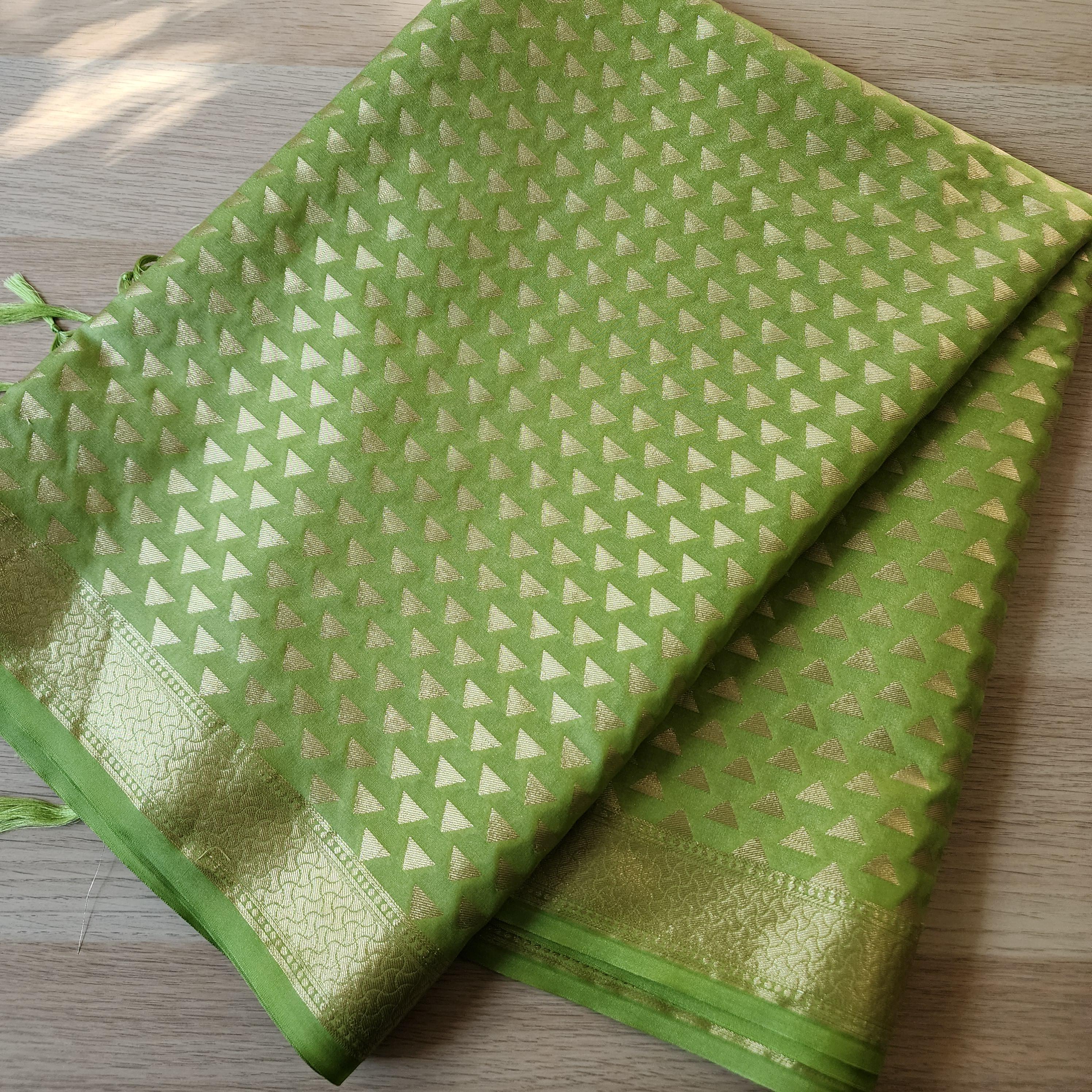 Pista Green Dupatta with Geometric Triangle Weave & Tassels