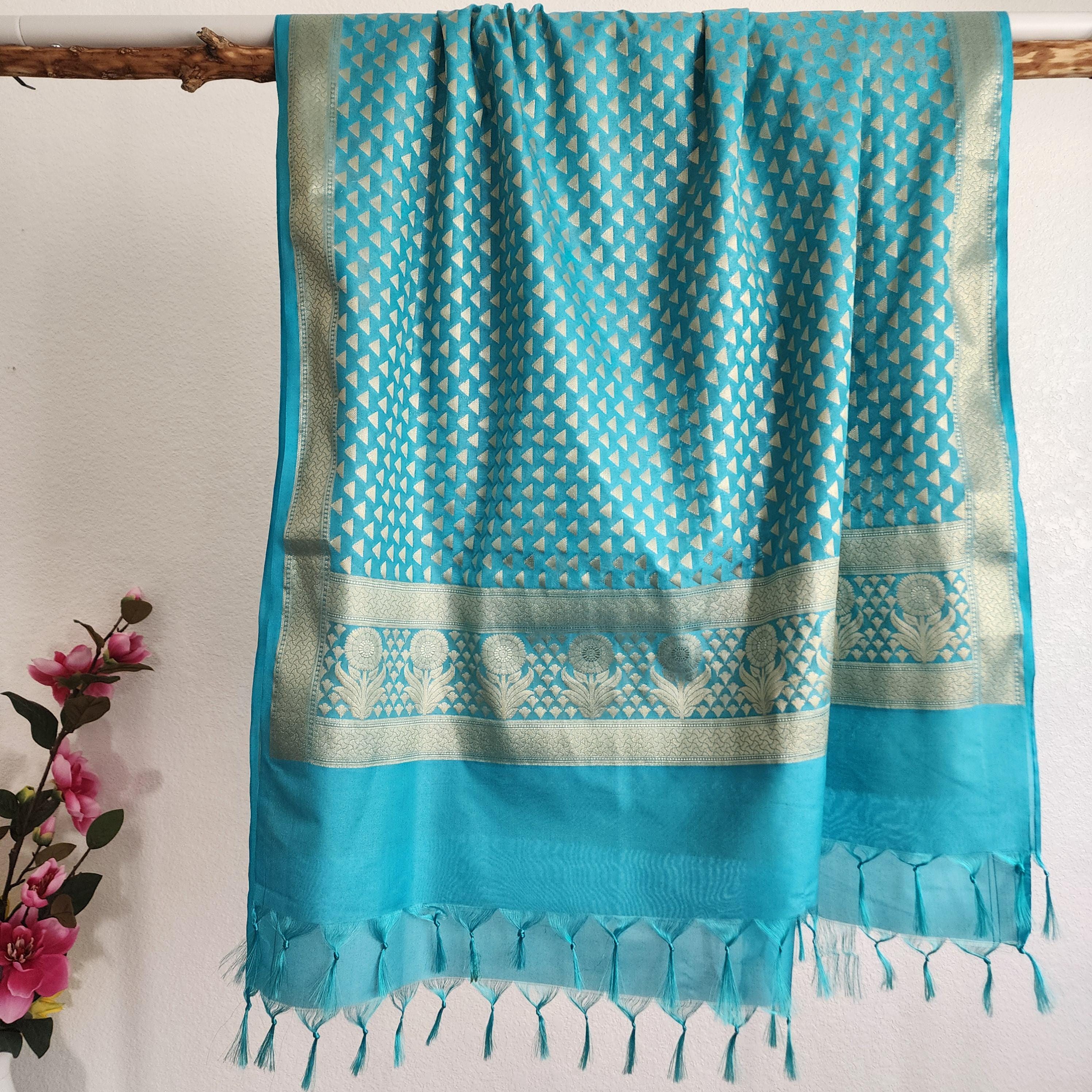 Sky Blue Dupatta with Geometric Triangle Weave & Tassels