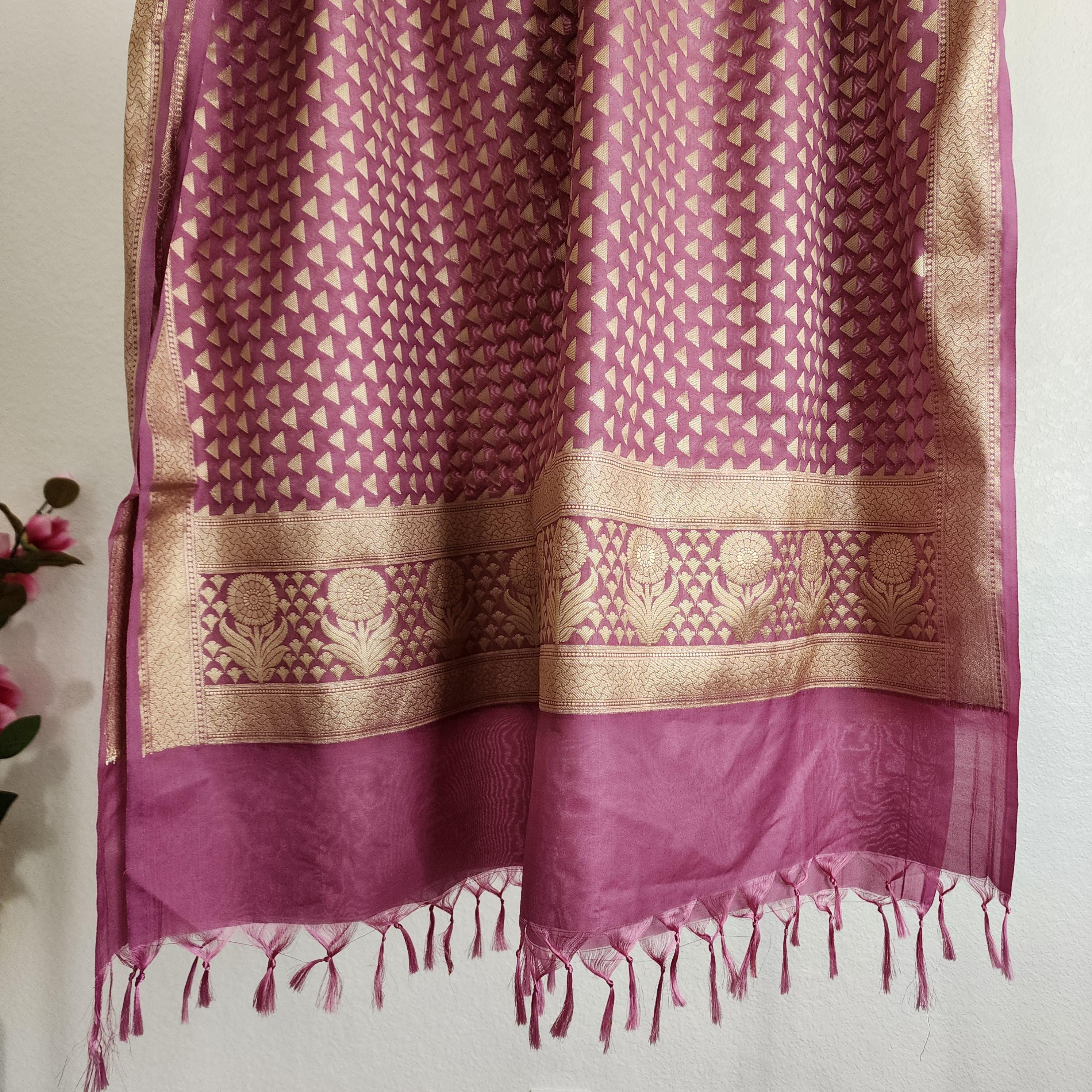 Mauve Pink Dupatta with Geometric Triangle Weave & Tassels