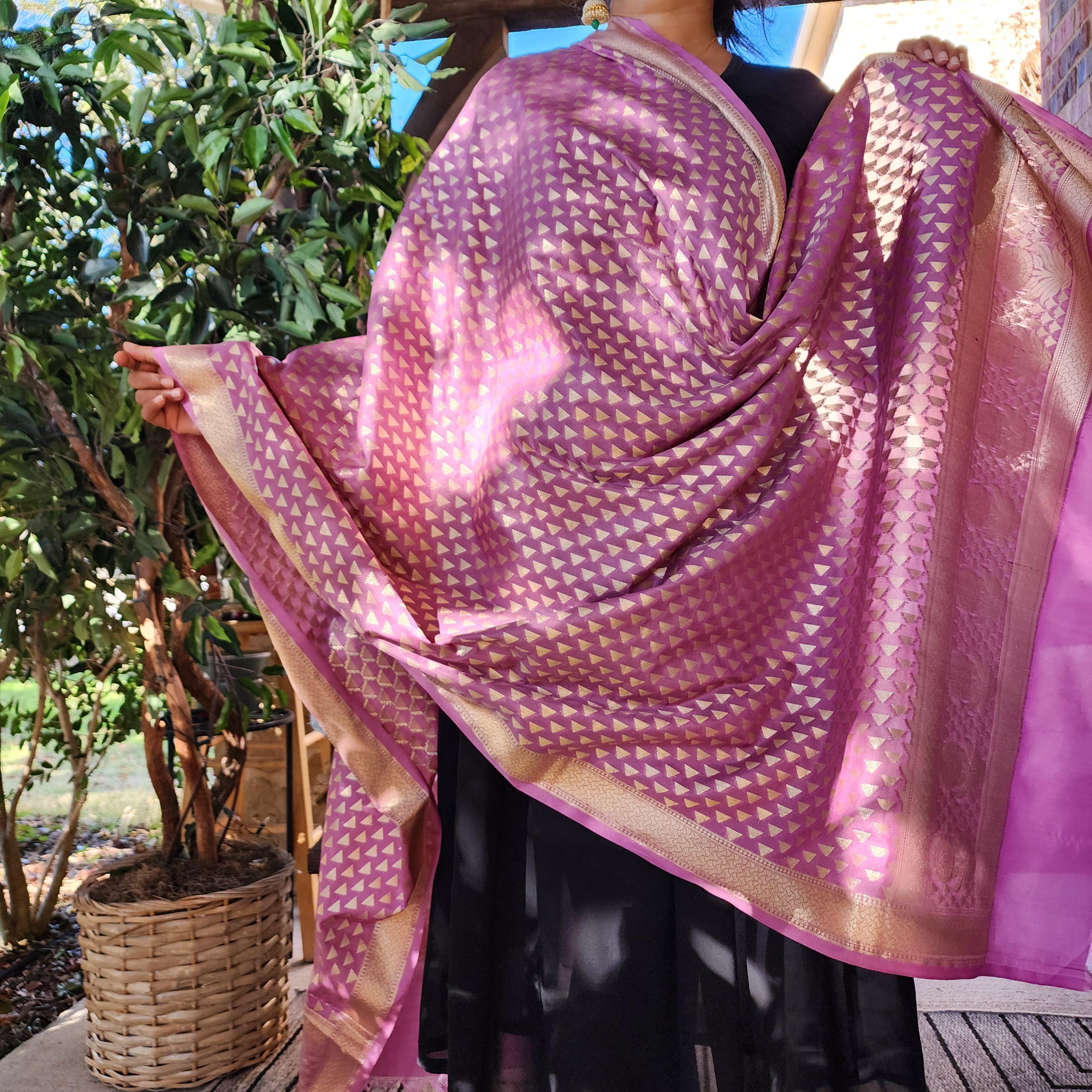 Mauve Pink Dupatta with Geometric Triangle Weave & Tassels