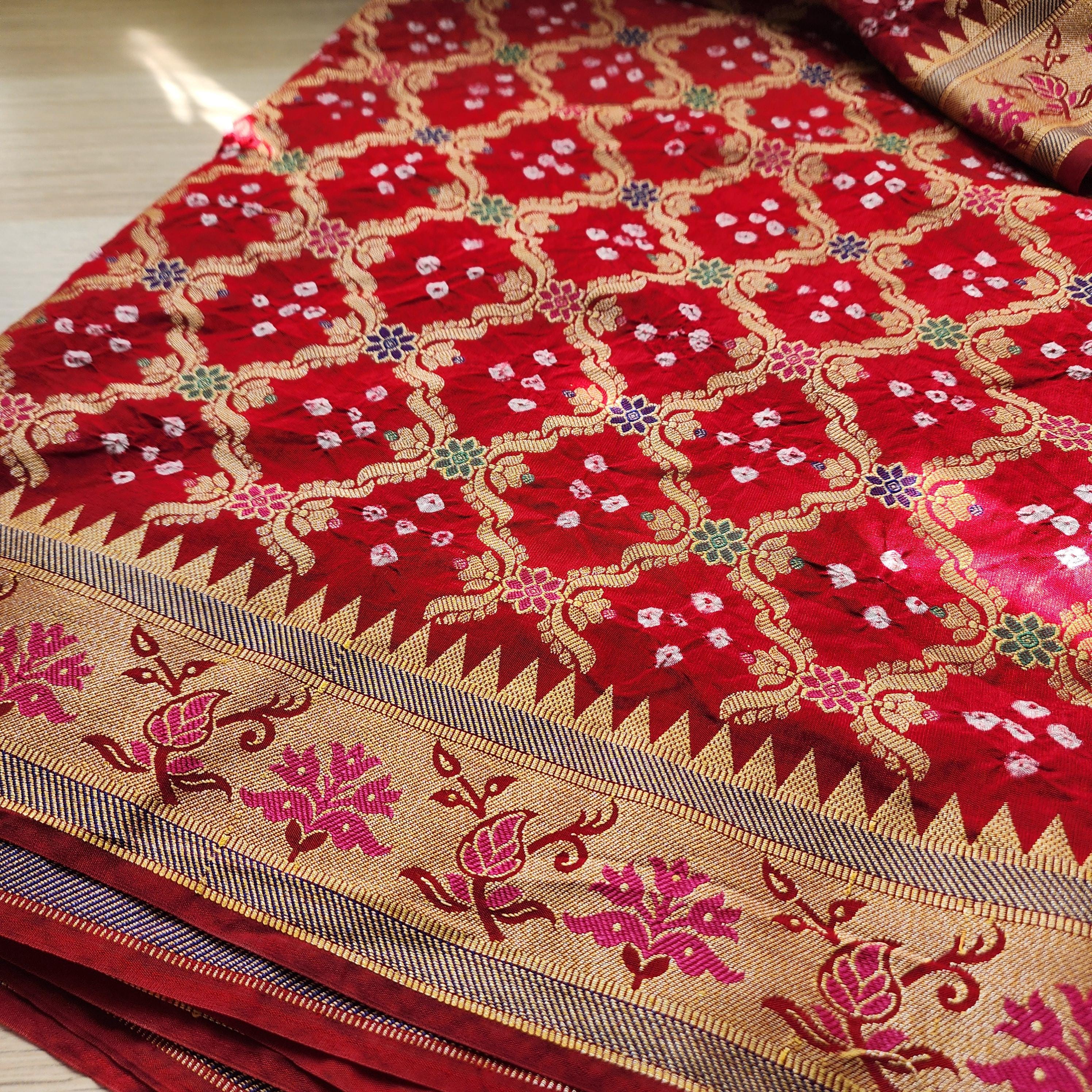 Banarasi Handwoven Bandhni Dupatta in Red, Beautiful Banarsi weaving in Gold