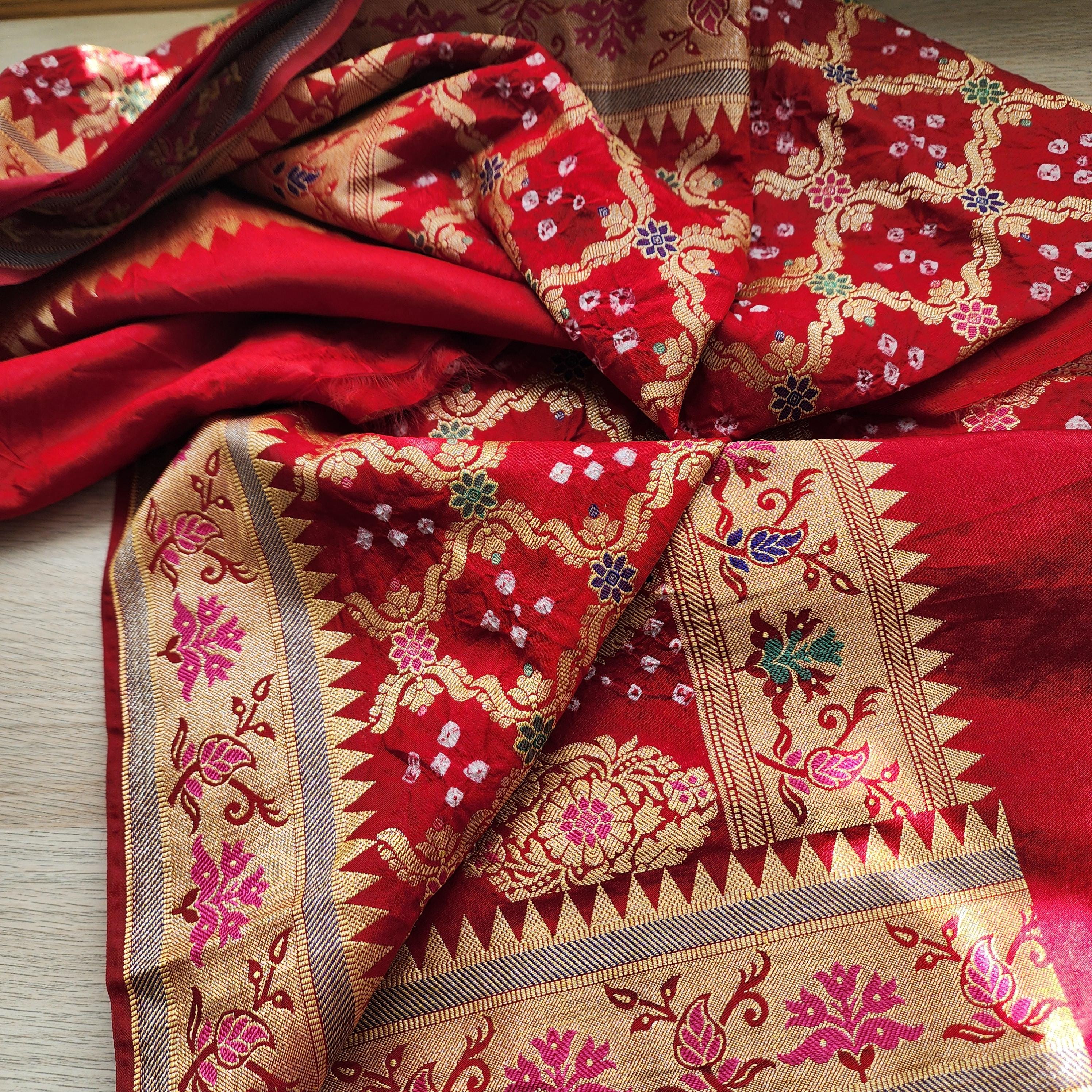 Banarasi Handwoven Bandhni Dupatta in Red, Beautiful Banarsi weaving in Gold
