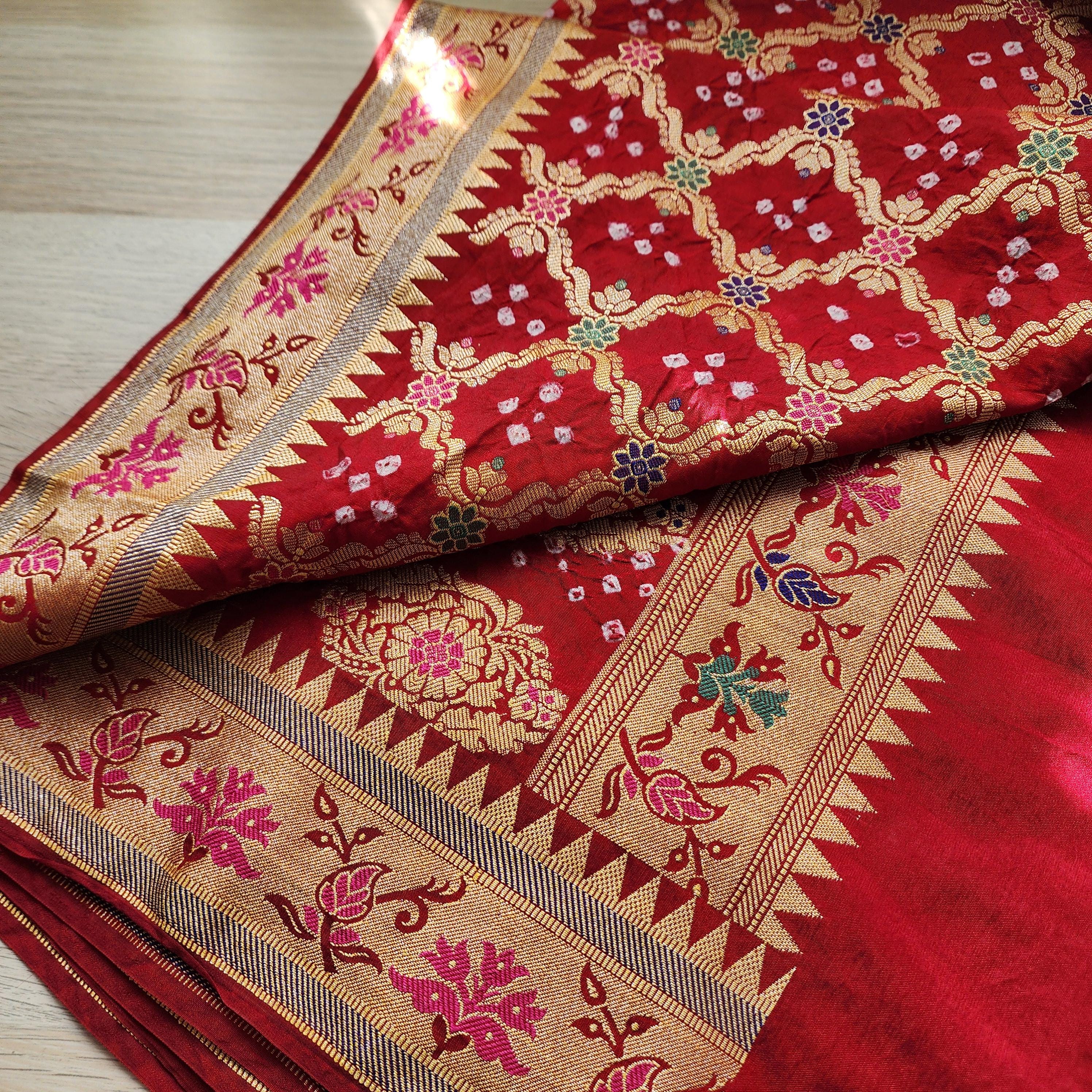 Banarasi Handwoven Bandhni Dupatta in Red, Beautiful Banarsi weaving in Gold