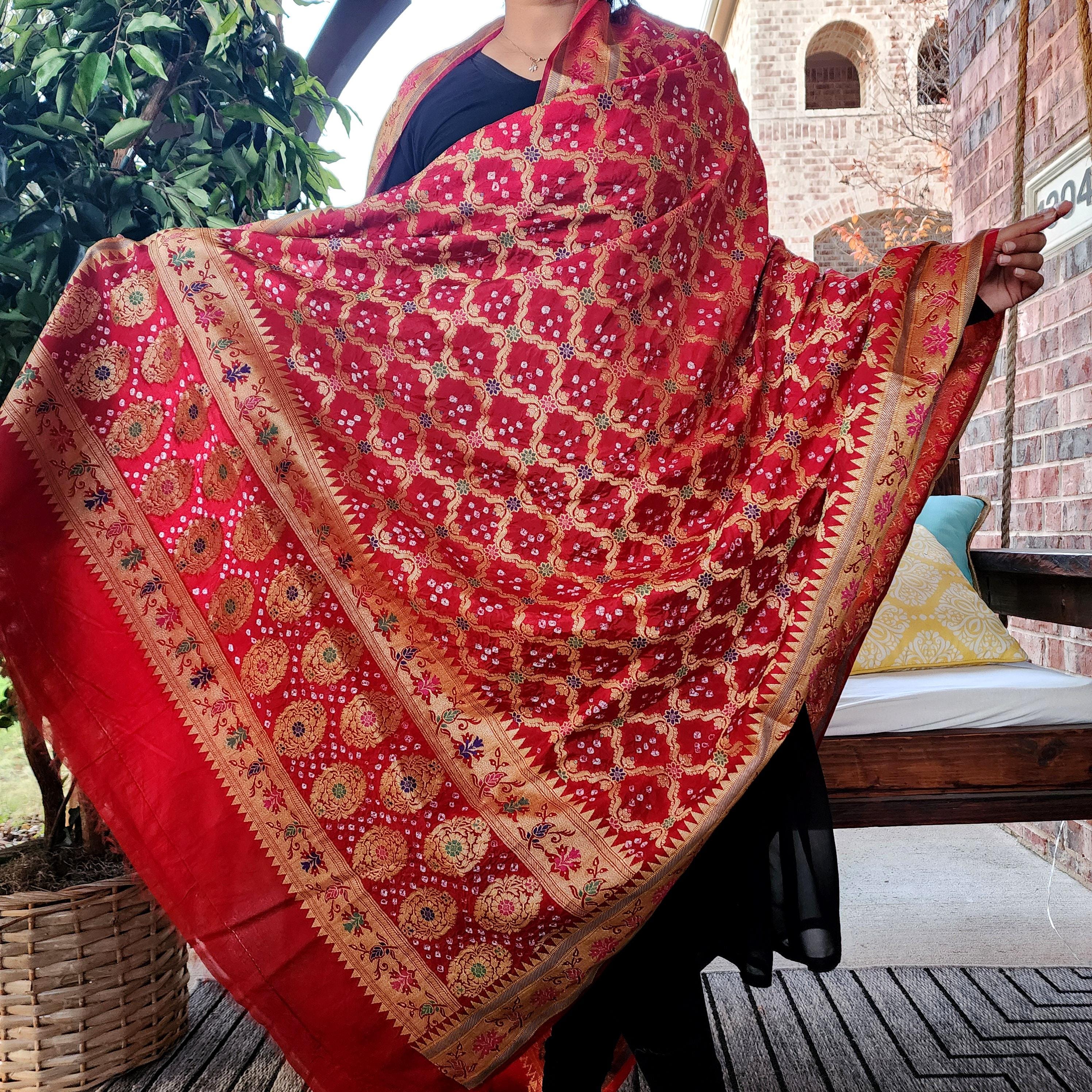 Banarasi Handwoven Bandhni Dupatta in Red, Beautiful Banarsi weaving in Gold