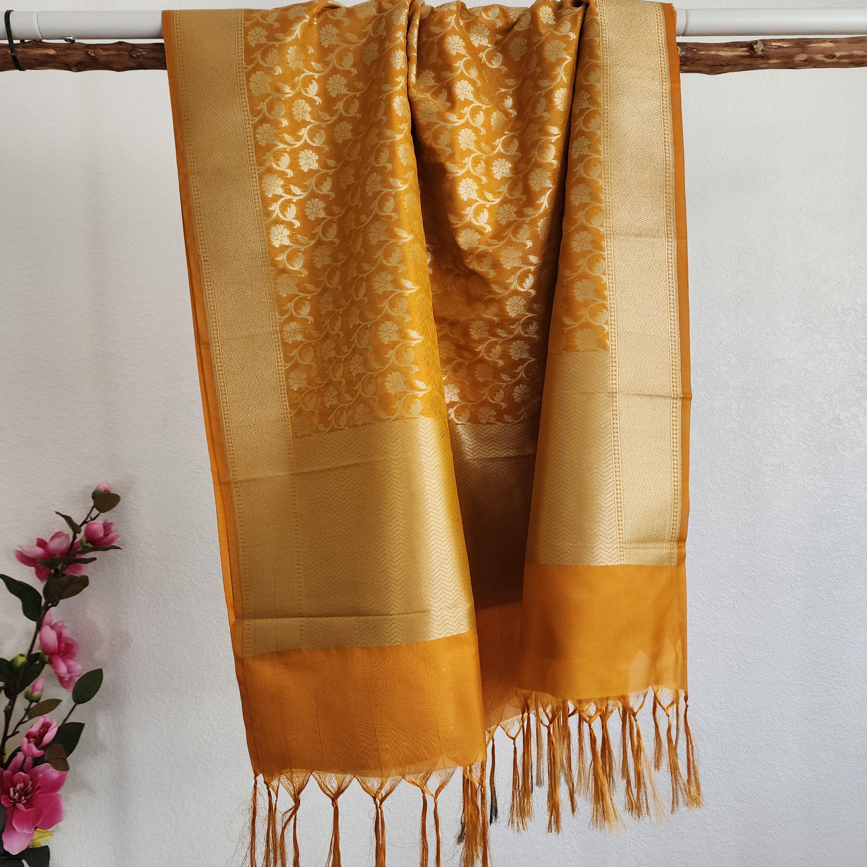 Banarasi Silk Mustard Yellow Dupatta with gold handweaving, Indian traditional and Festive designer dupatta, luxurious soft Banarsi dupatta