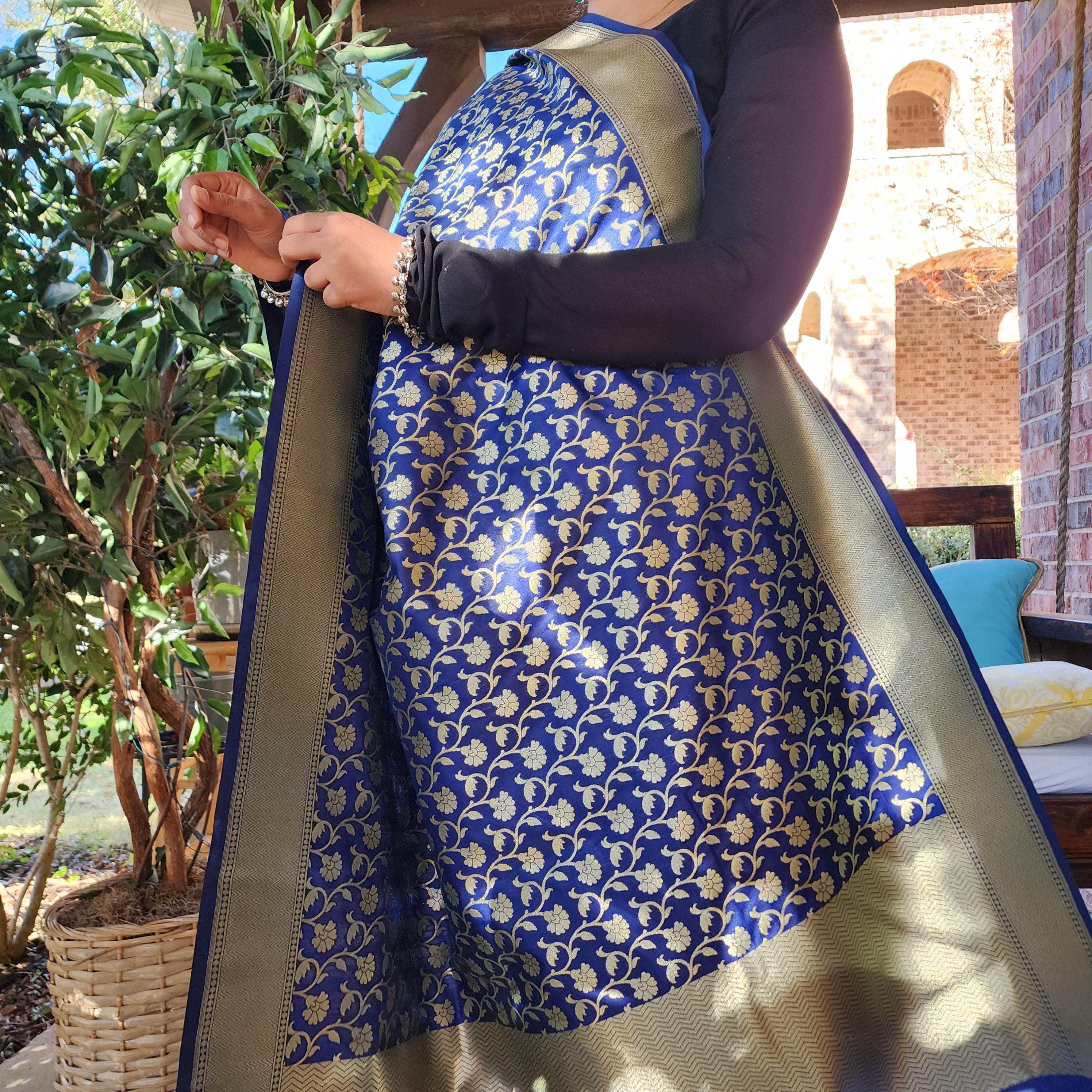 Banarasi Silk Royal Blue Dupatta with gold handweaving, Indian traditional and Festive designer dupatta, luxurious soft Banarsi dupatta