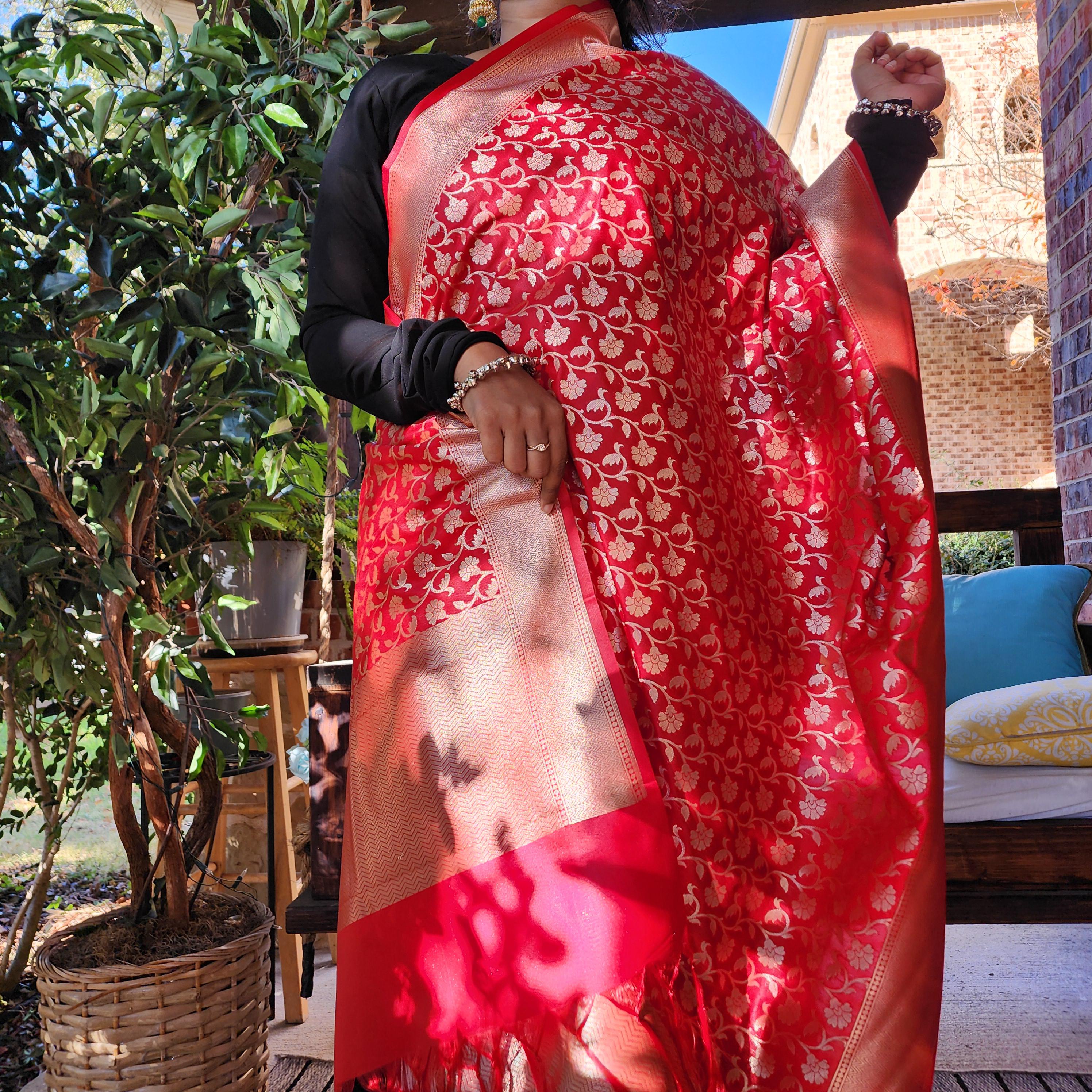 Banarasi Silk Red Dupatta with gold handweaving, Indian traditional and Festive designer dupatta, luxurious soft Banarsi dupatta
