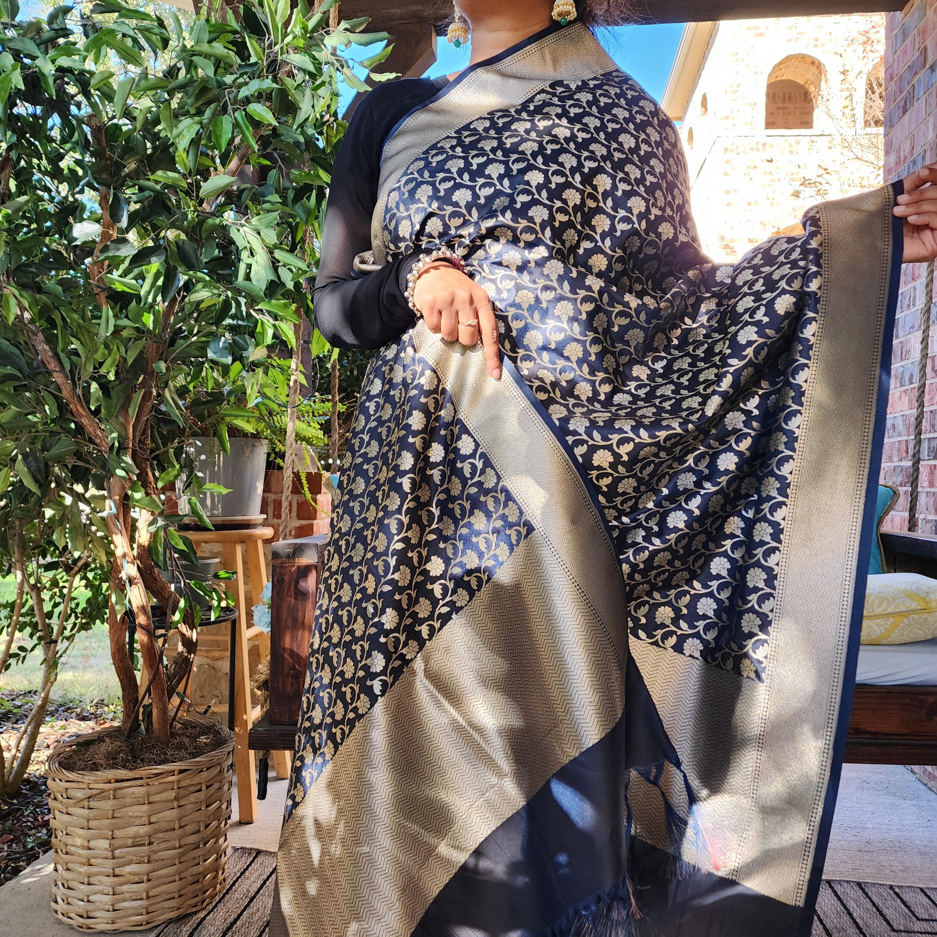 Banarasi Silk Navy Blue Dupatta with gold handweaving, Indian traditional and Festive designer dupatta, luxurious soft Banarsi dupatta