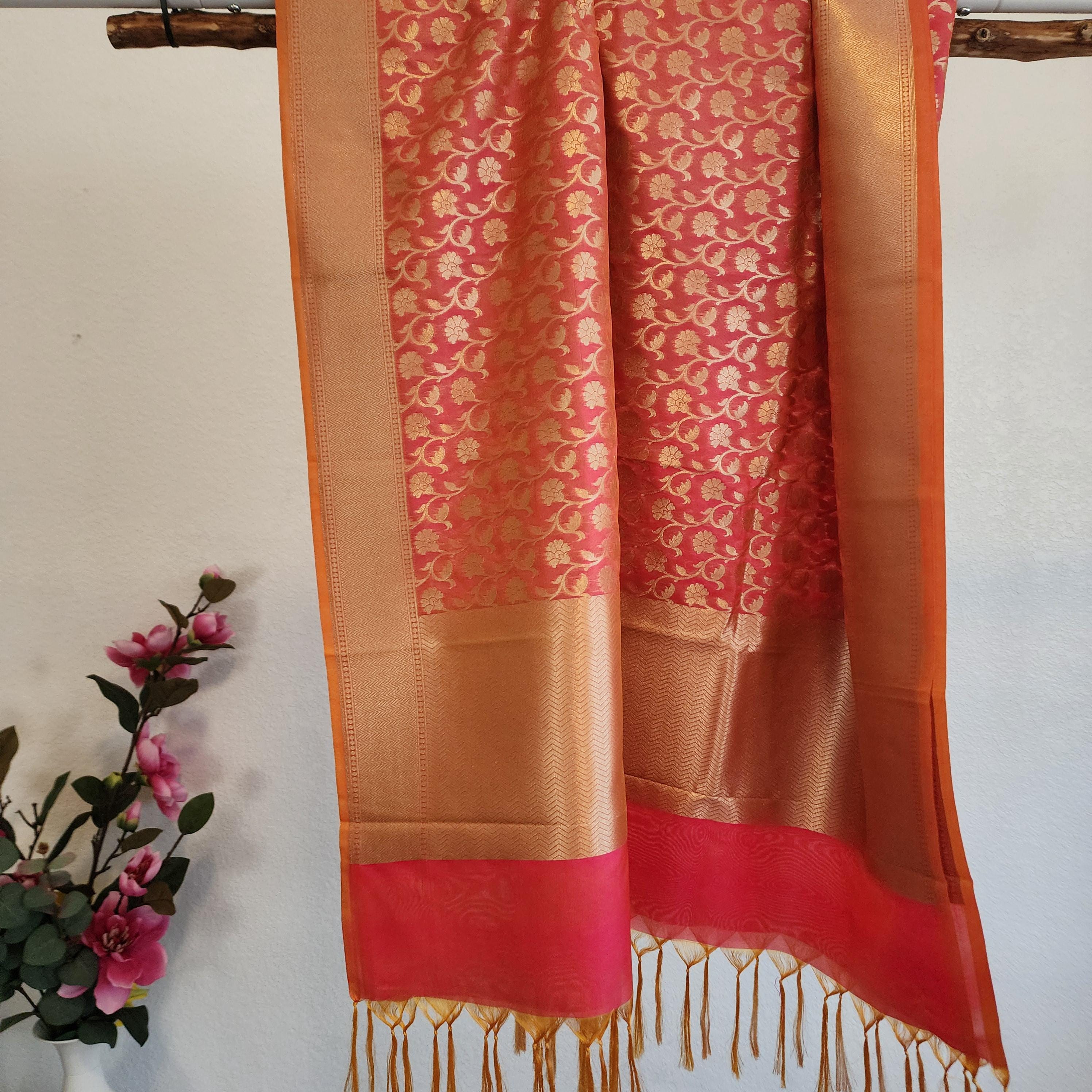 Banarasi Silk Peach Pink Dupatta with gold handweaving, Indian traditional and Festive designer dupatta, luxurious soft Banarsi dupatta