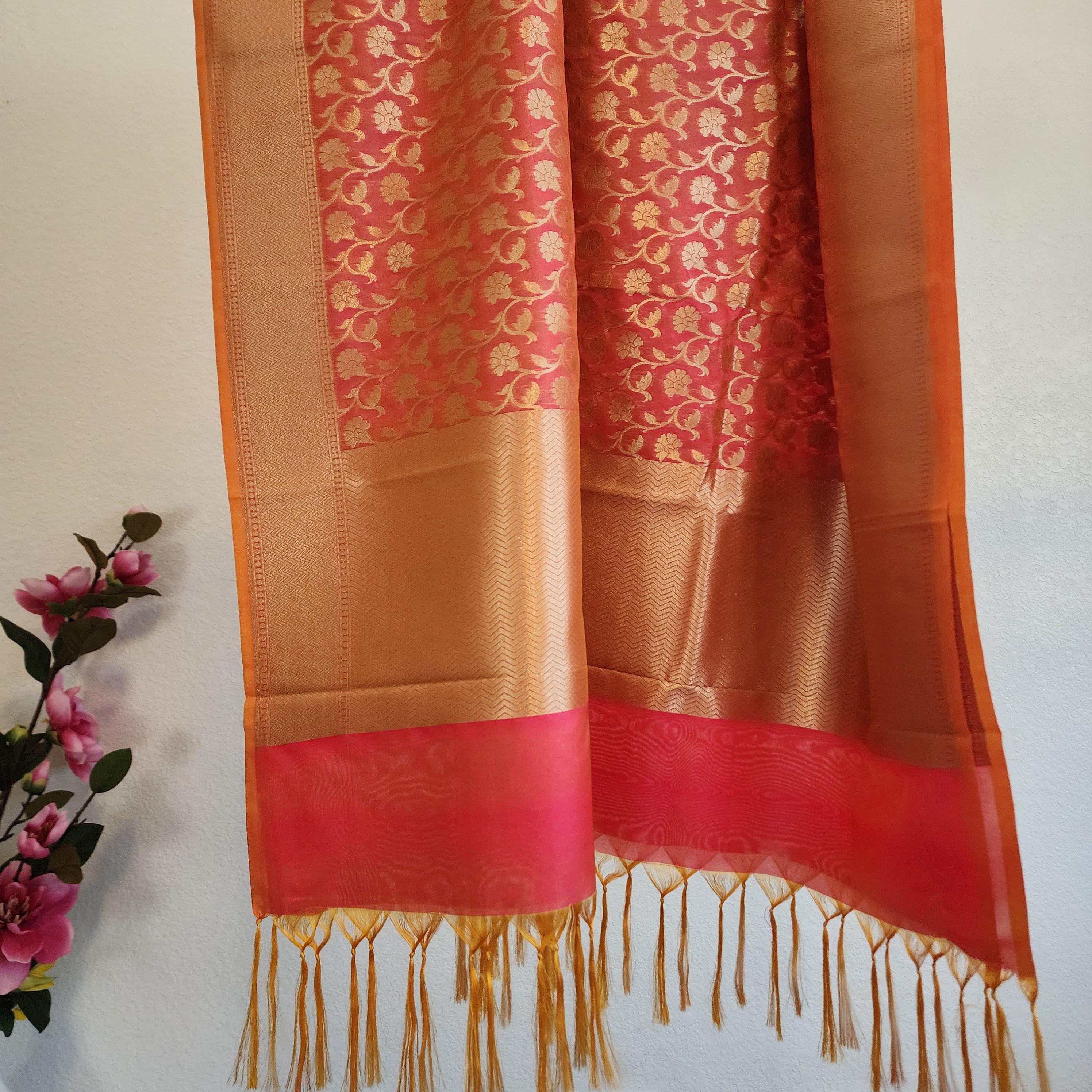 Peach Pink Banarasi Silk Dupatta with Gold Jasmine Motifs