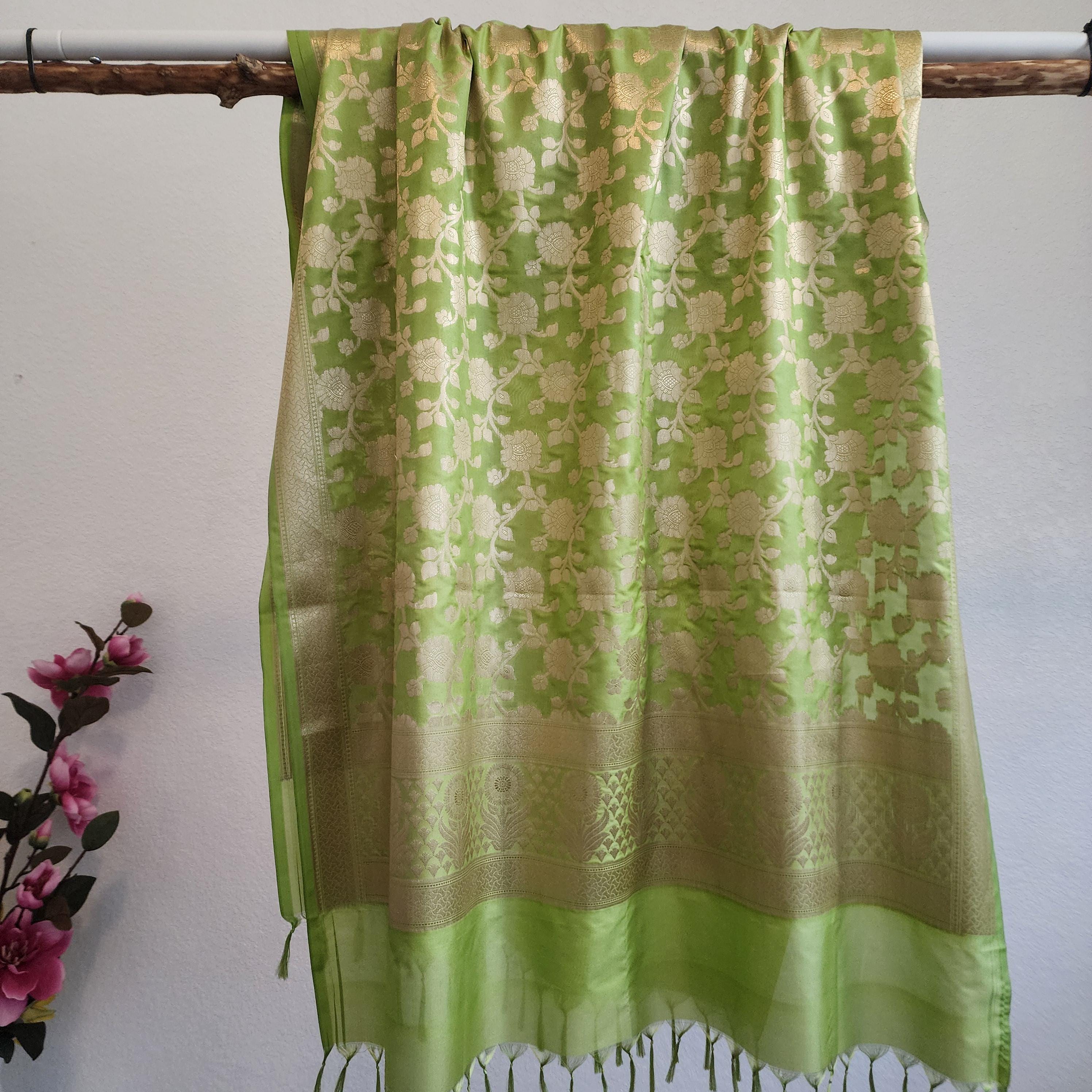 Banarasi Silk Pista Green Dupatta with gold handweaving, Indian traditional and Festive designer dupatta, luxurious soft Banarsi dupatta