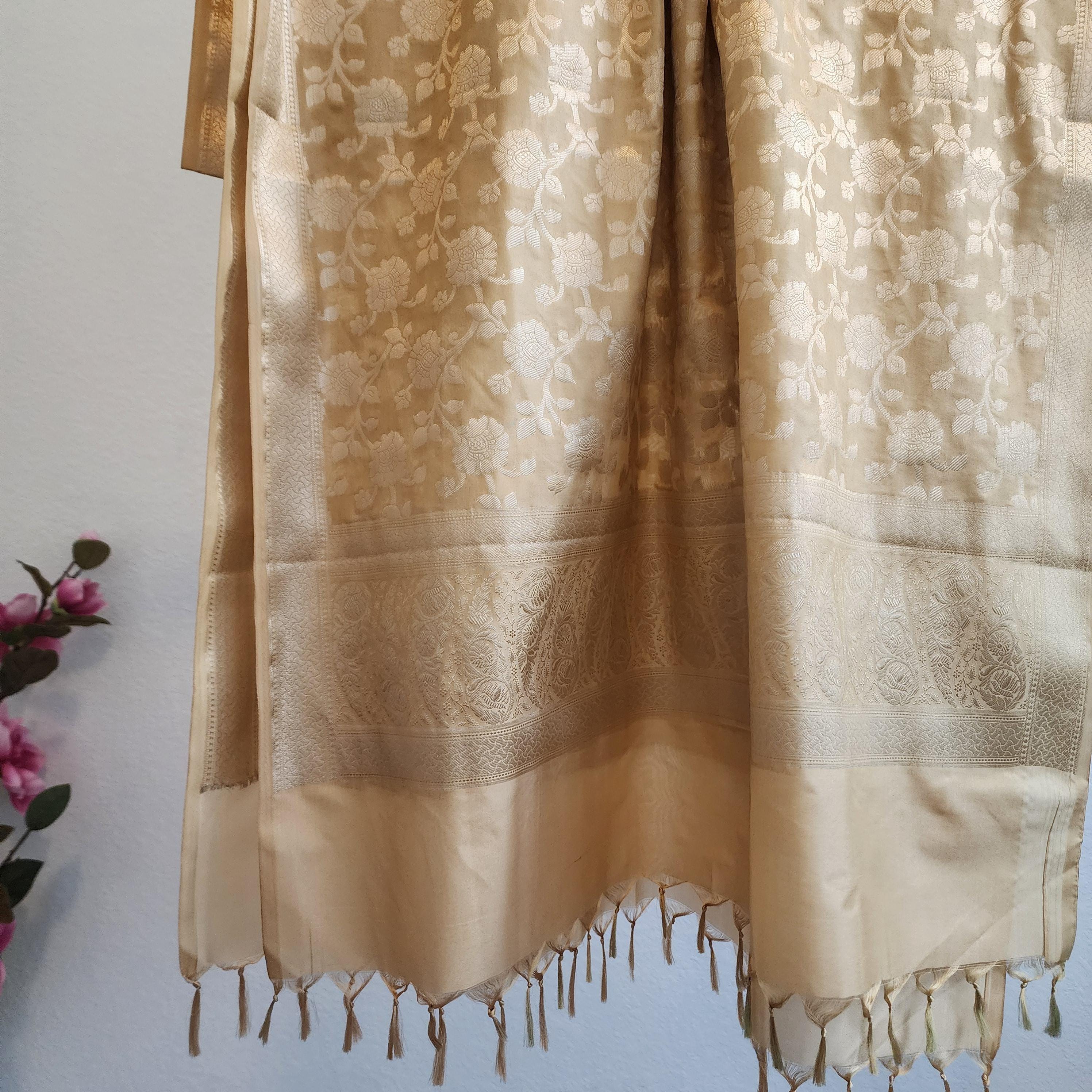 Banarasi Silk Beige Dupatta with gold handweaving, Indian traditional and Festive designer dupatta, luxurious soft Banarsi dupatta