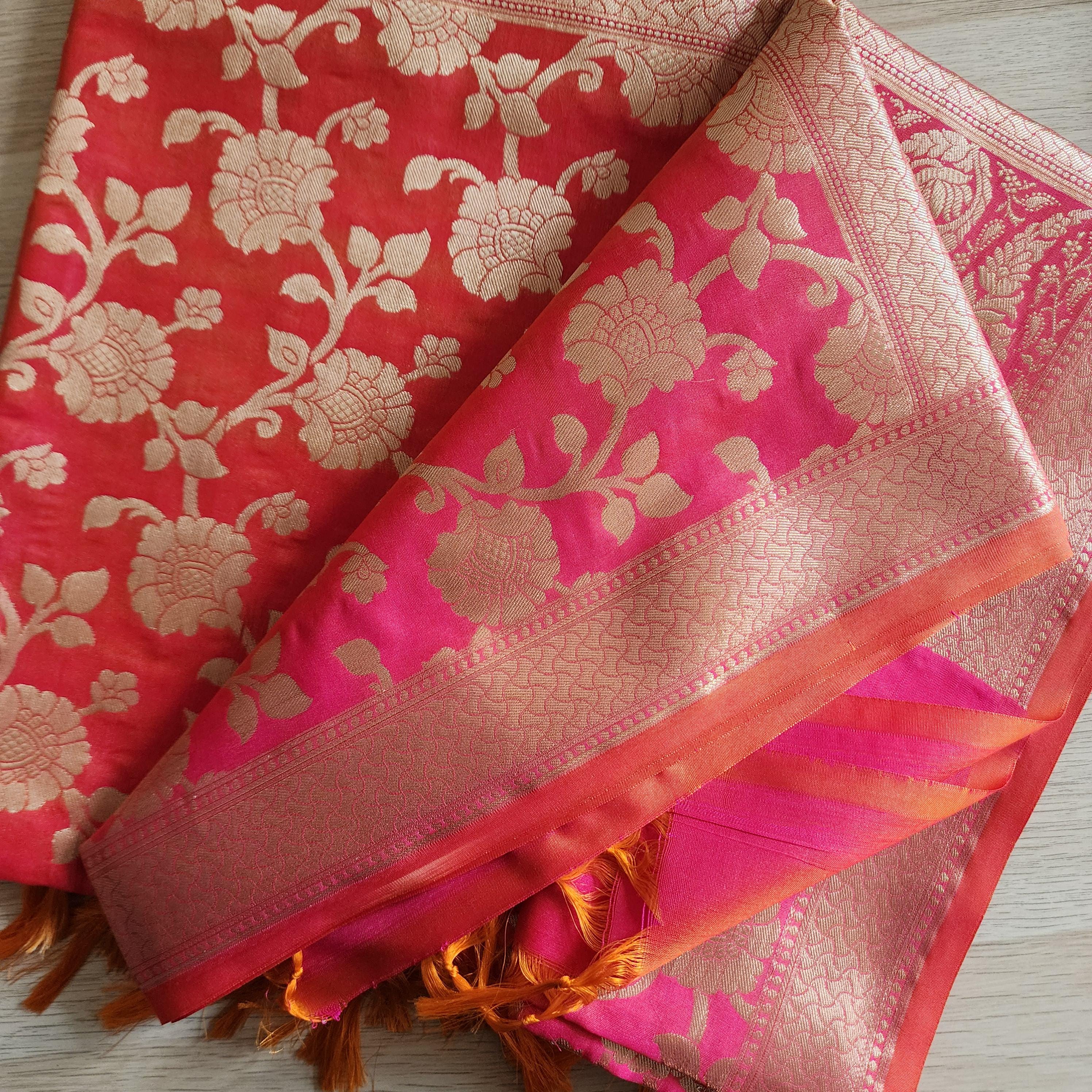 Banarasi Silk Peach Pink Dupatta with gold handweaving, Indian traditional and Festive designer dupatta, luxurious soft Banarsi dupatta