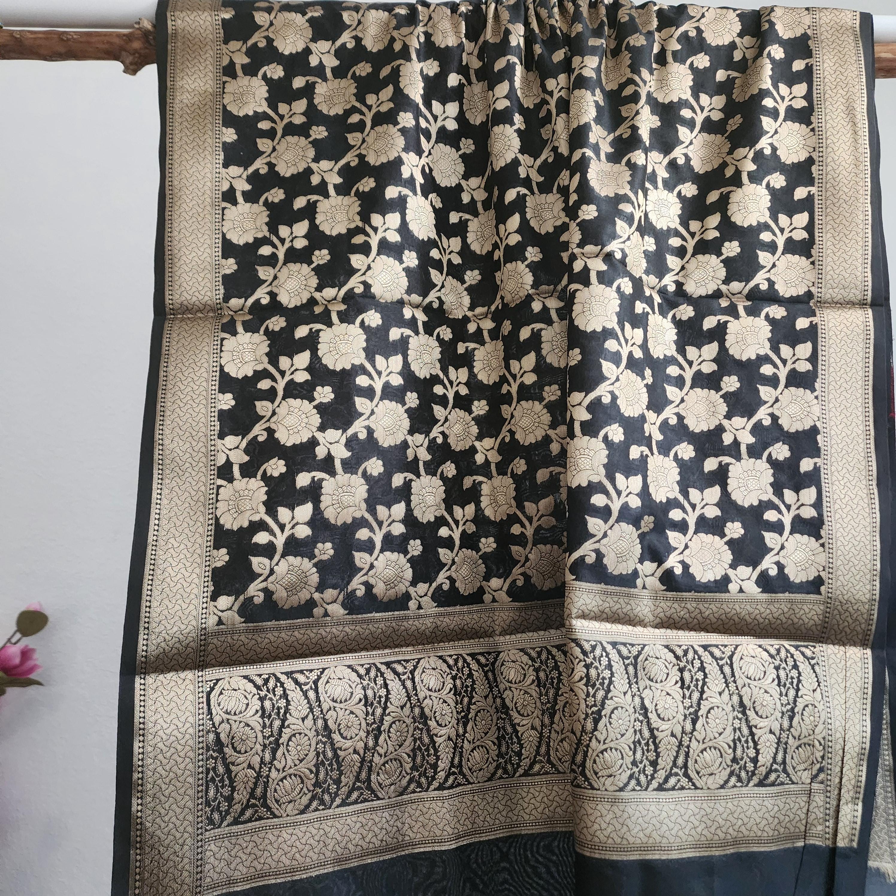 Banarasi Silk Black Dupatta with gold handweaving, Indian traditional and Festive designer dupatta, luxurious soft Banarsi dupatta