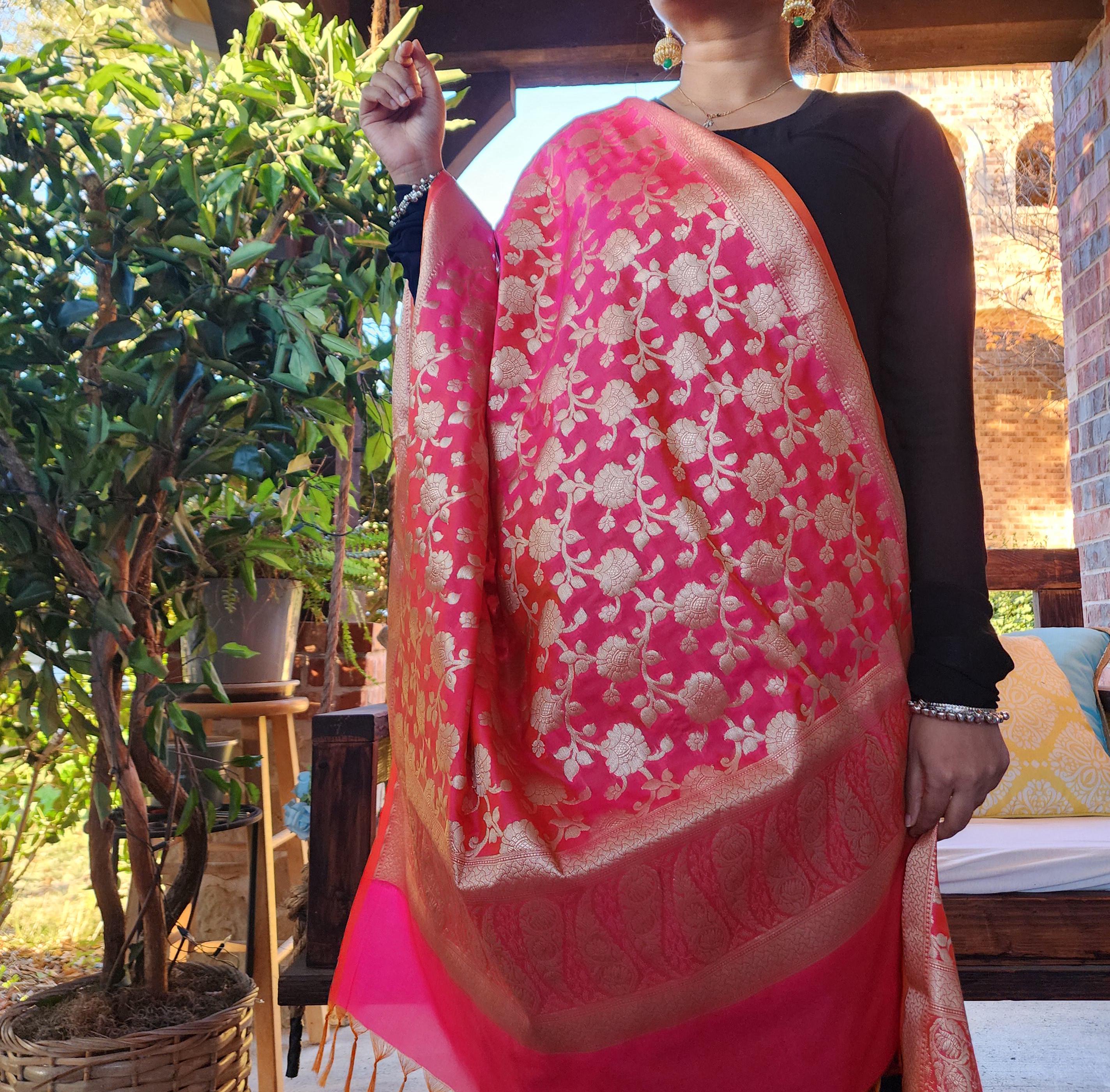 Banarasi Silk Peach Pink Dupatta with gold handweaving, Indian traditional and Festive designer dupatta, luxurious soft Banarsi dupatta