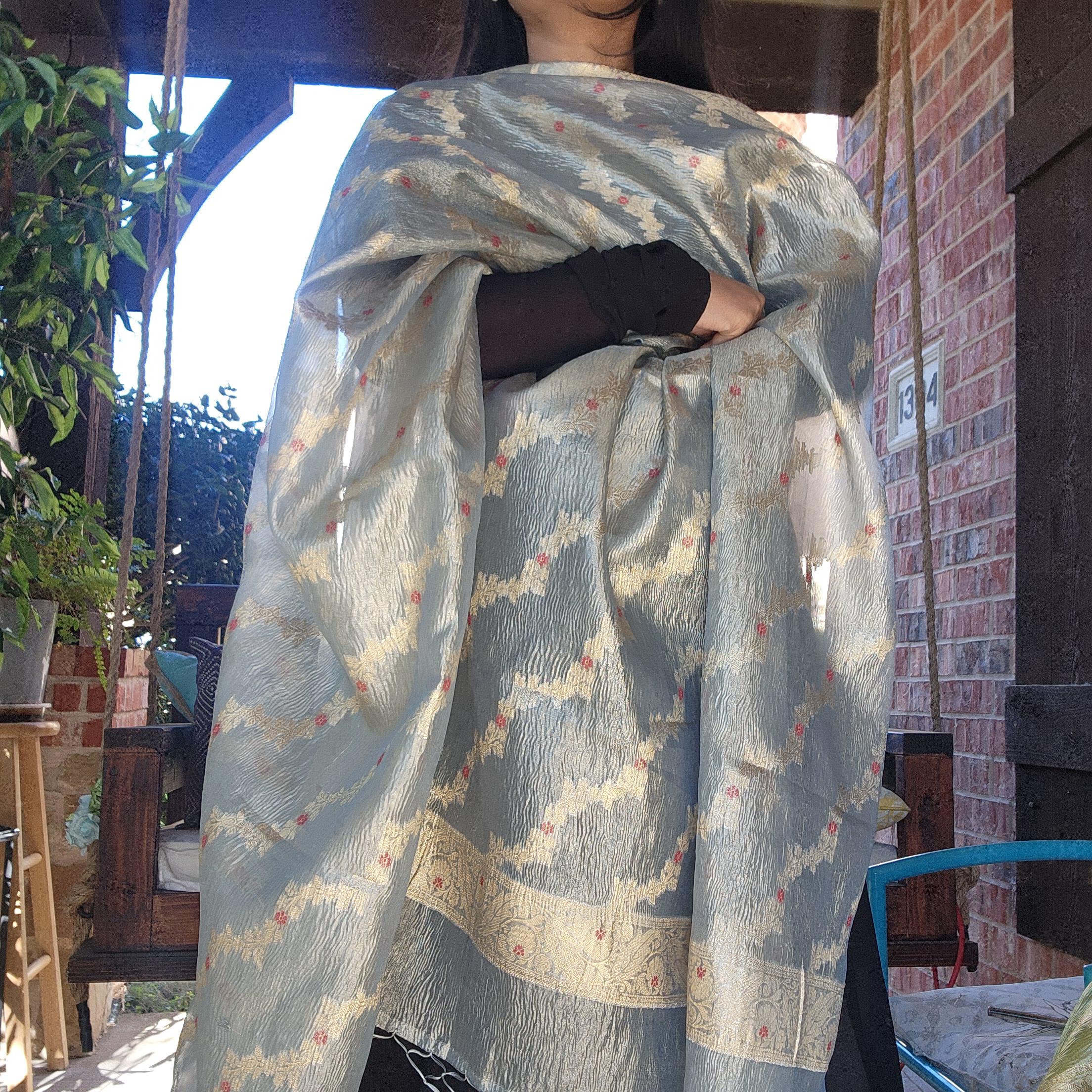 Tissue Silk Ice Blue Dupatta, Crushed Tissue Dupatta with meenakari work