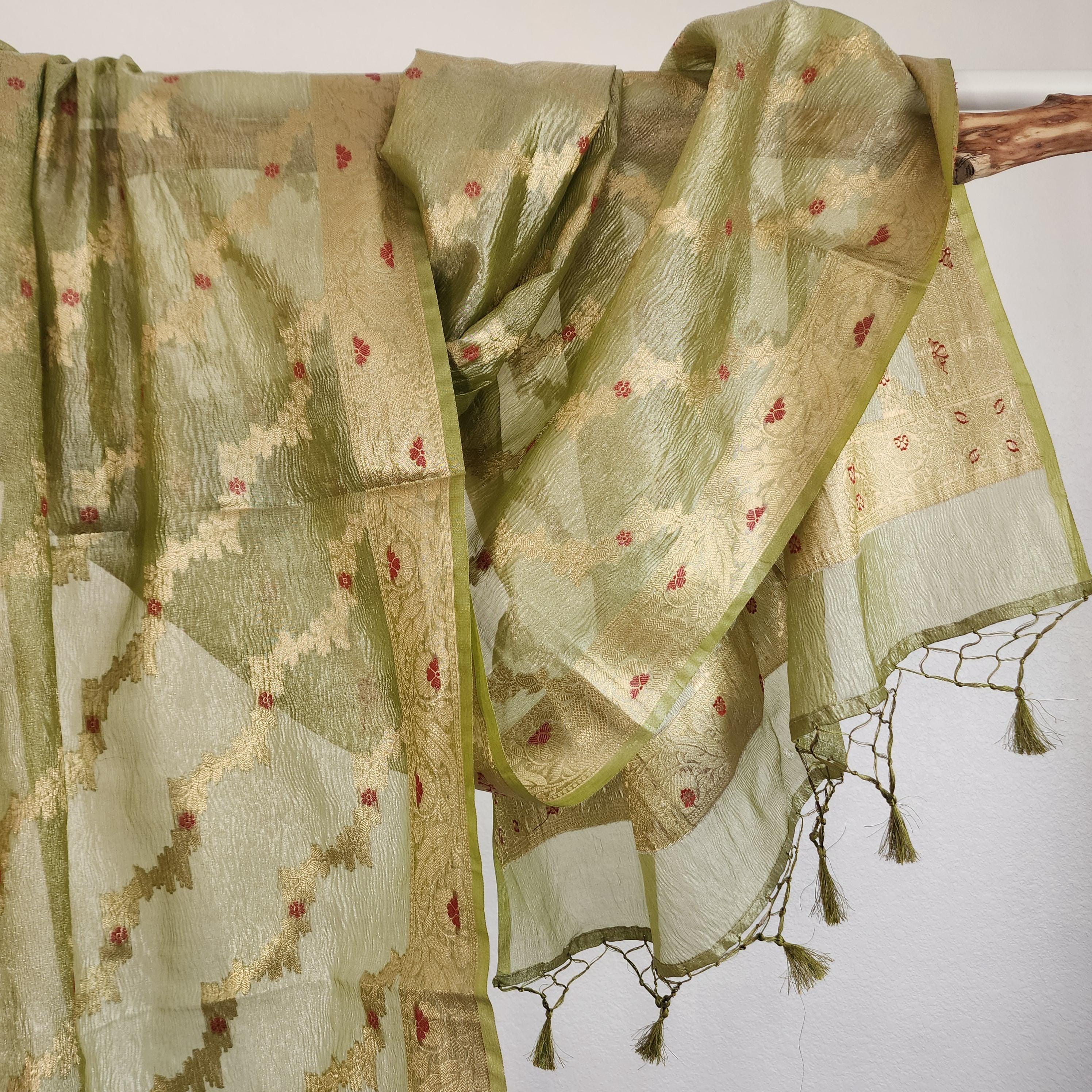Tissue Silk Green Dupatta, Crushed Tissue Dupatta with meenakari work