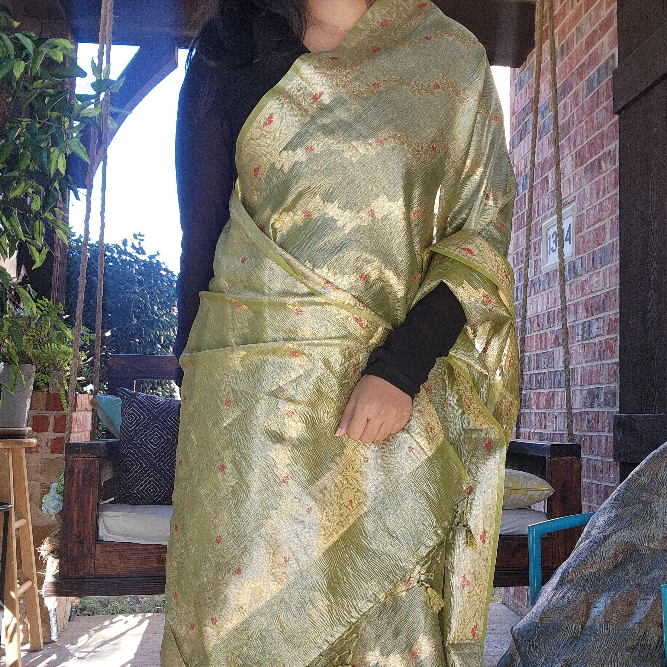 Tissue Silk Green Dupatta, Crushed Tissue Dupatta with meenakari work