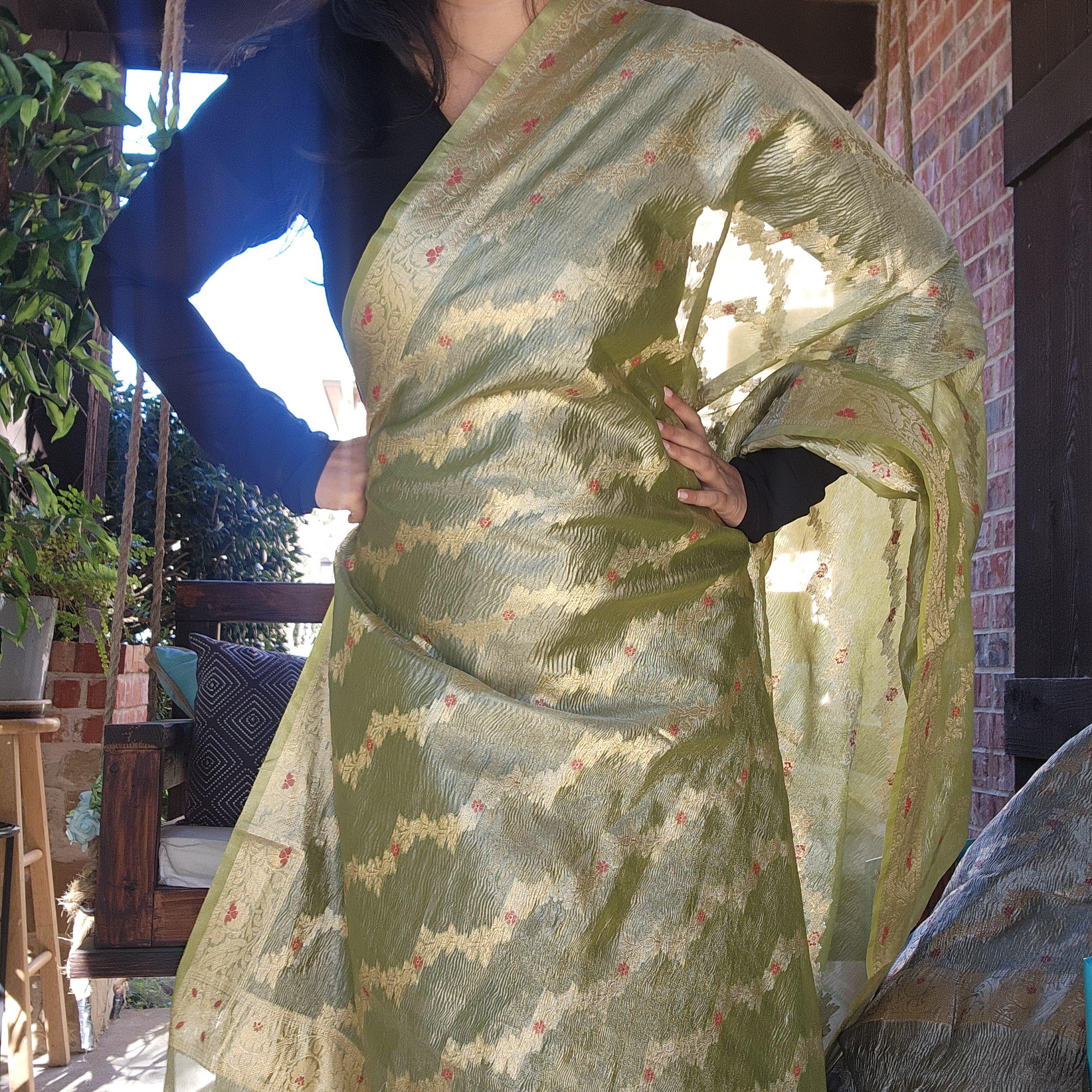 Tissue Silk Green Dupatta, Crushed Tissue Dupatta with meenakari work