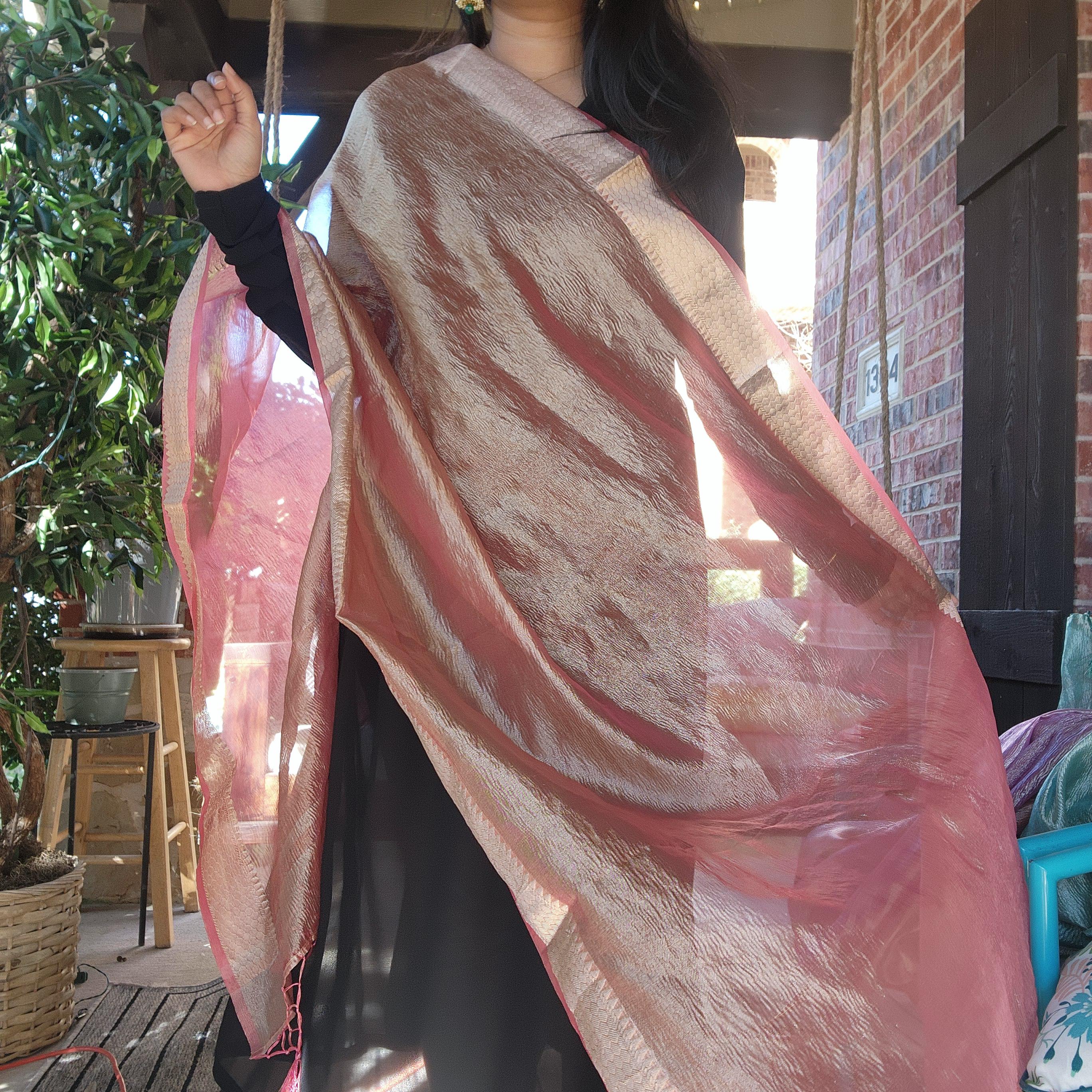 Tissue Silk Rust Pink Dupatta, Crushed Tissue Indian traditional & Festive wear Dupatta