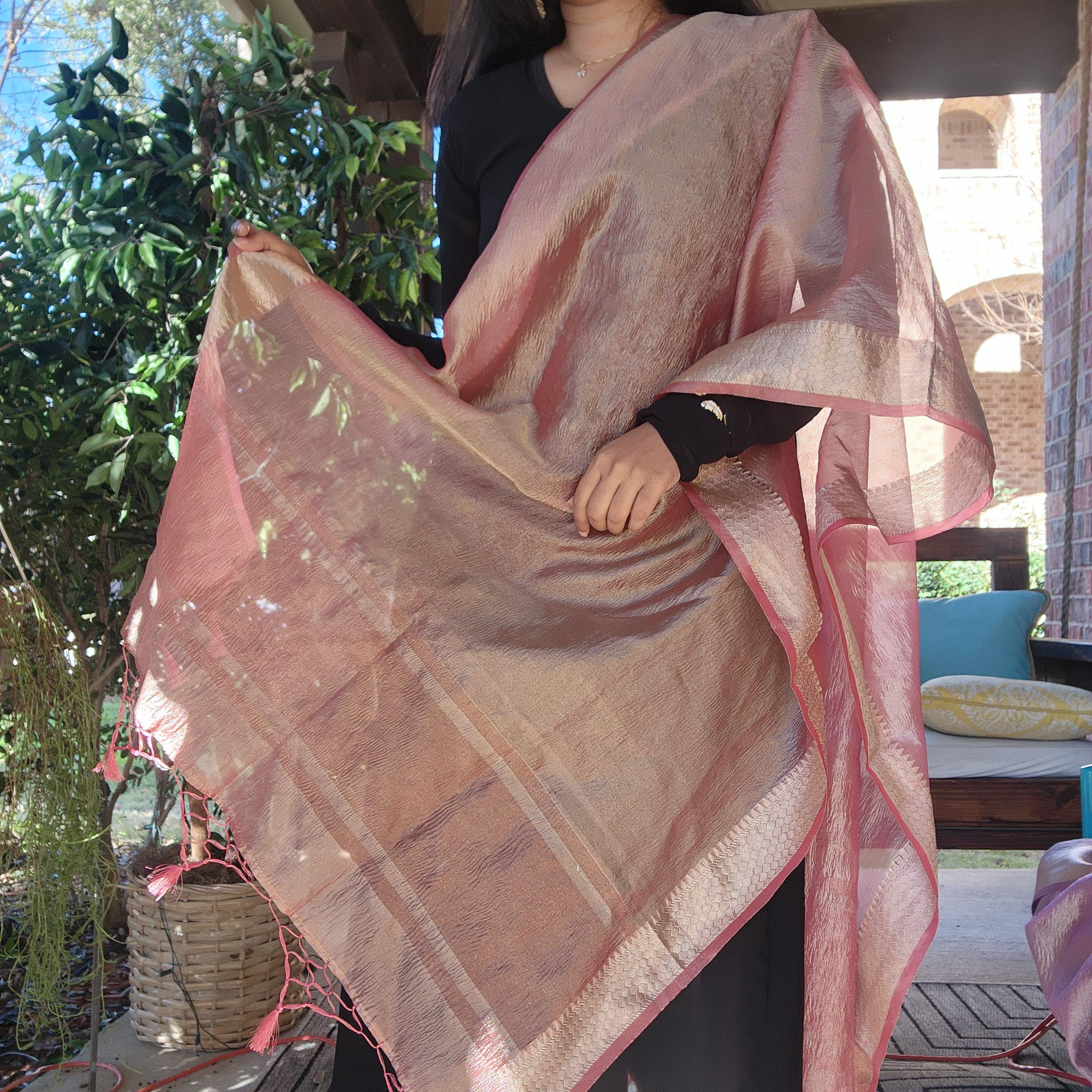 Tissue Silk Rust Pink Dupatta, Crushed Tissue Indian traditional & Festive wear Dupatta