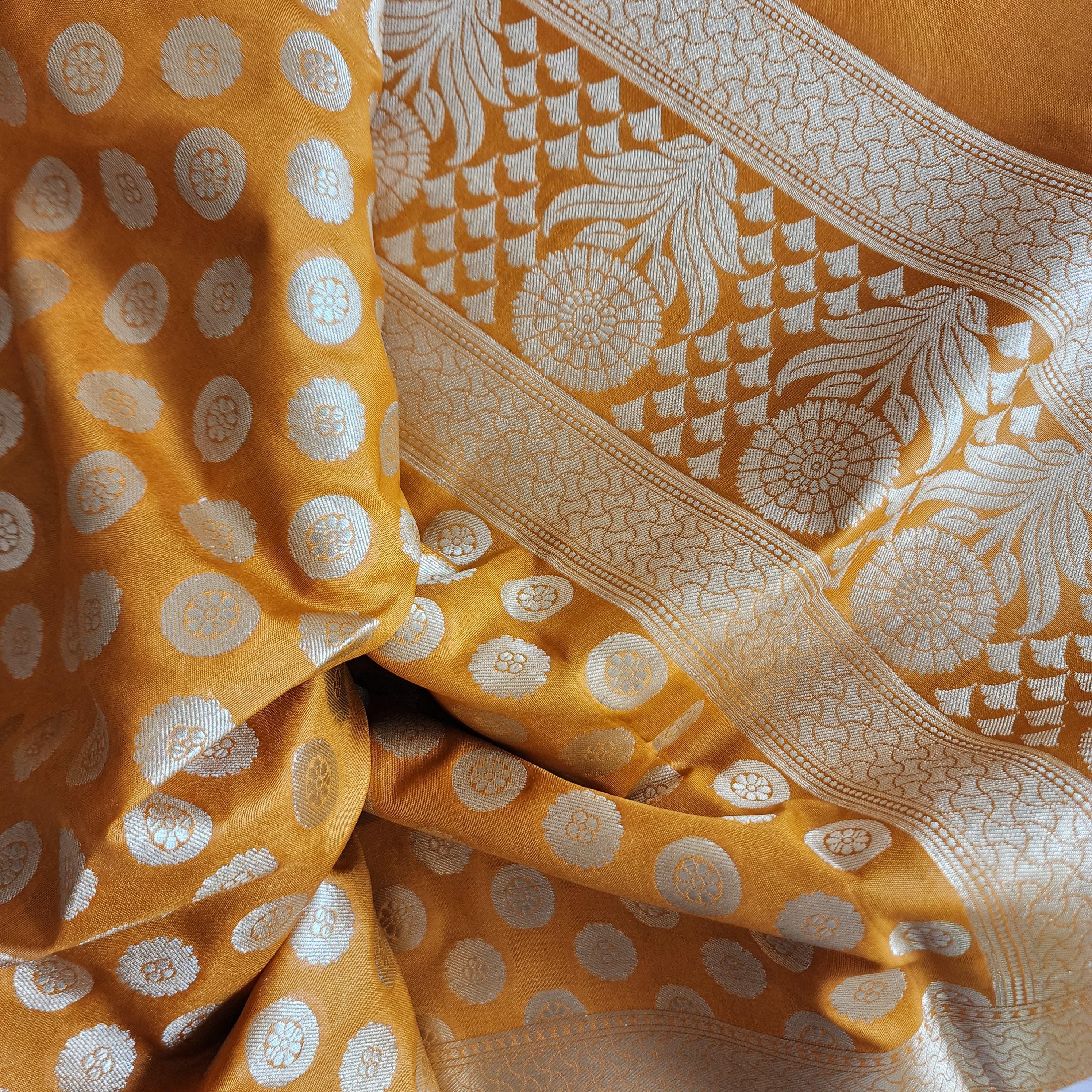 Banarasi Silk Mustard Yellow Dupatta with gold handweaving, Indian traditional and Festive designer dupatta, luxurious soft Banarsi dupatta