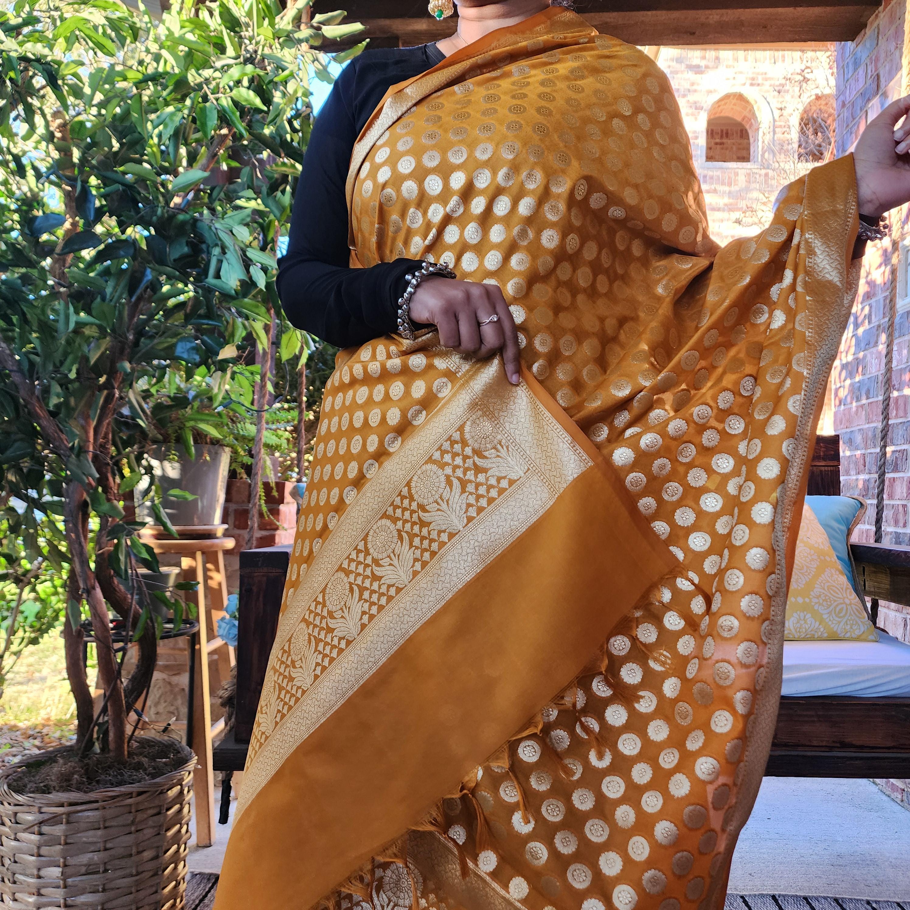 Banarasi Silk Mustard Yellow Dupatta with gold handweaving, Indian traditional and Festive designer dupatta, luxurious soft Banarsi dupatta