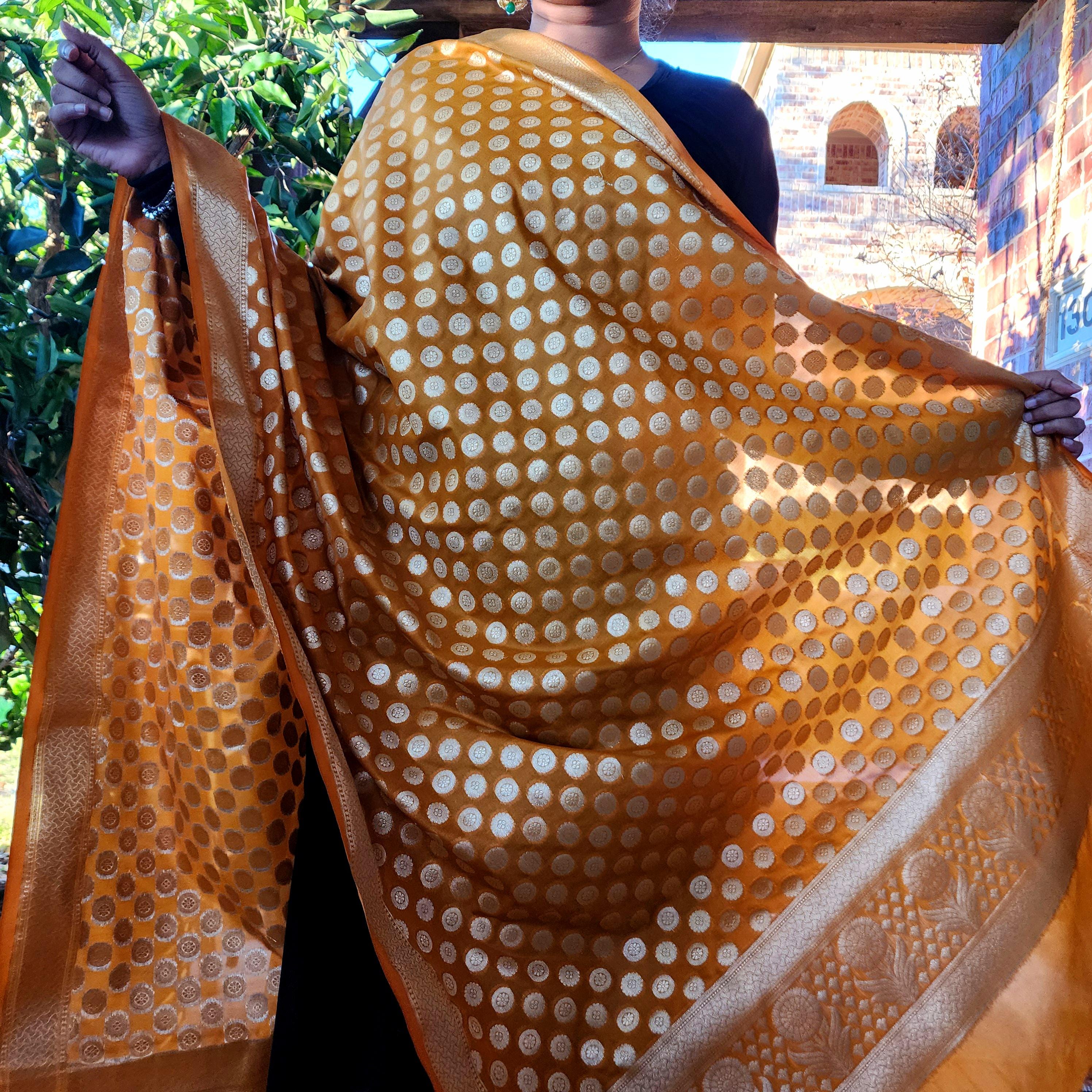 Banarasi Silk Mustard Yellow Dupatta with gold handweaving, Indian traditional and Festive designer dupatta, luxurious soft Banarsi dupatta