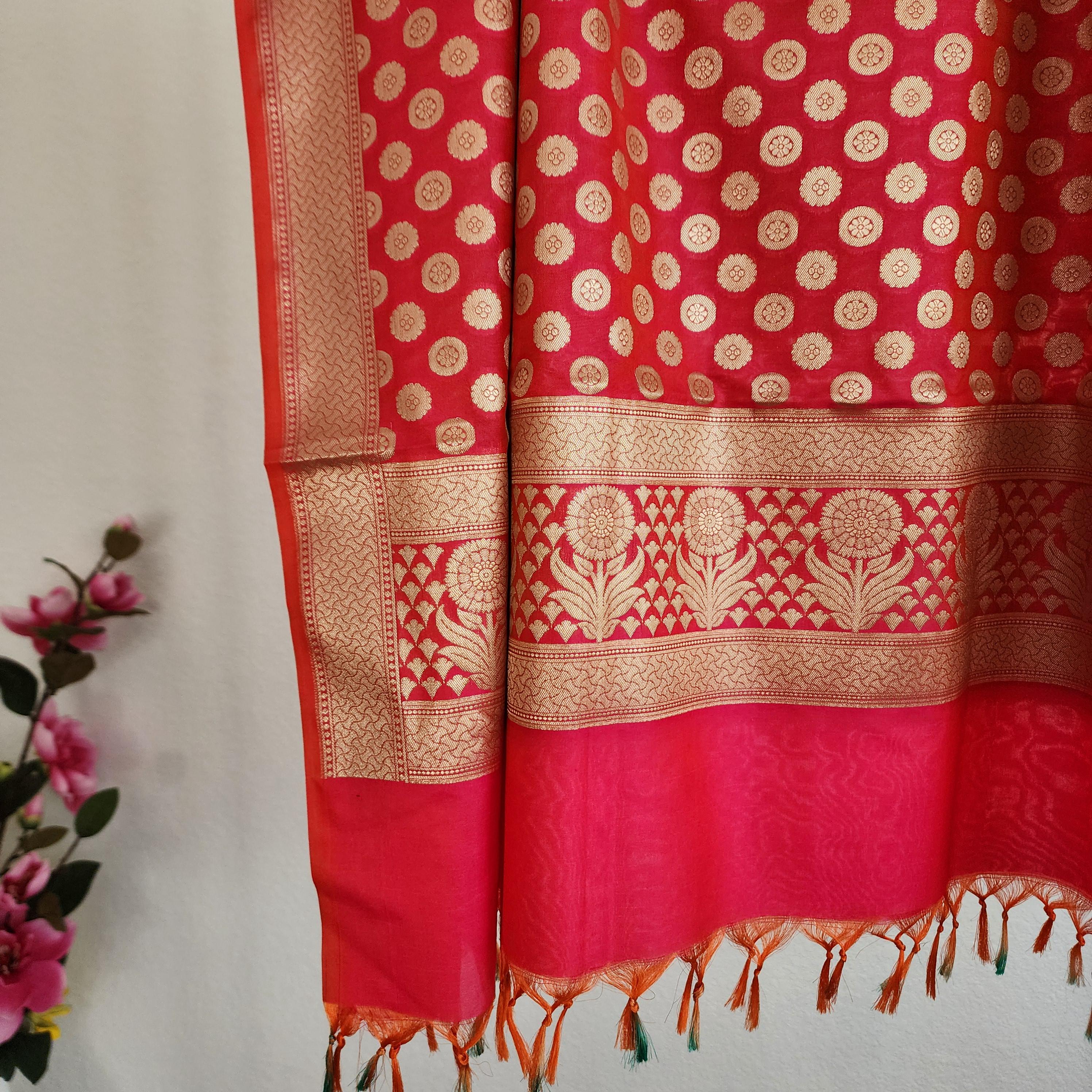 Banarasi Silk Red Dupatta with gold handweaving, Indian traditional and Festive designer dupatta, luxurious soft Banarsi dupatta