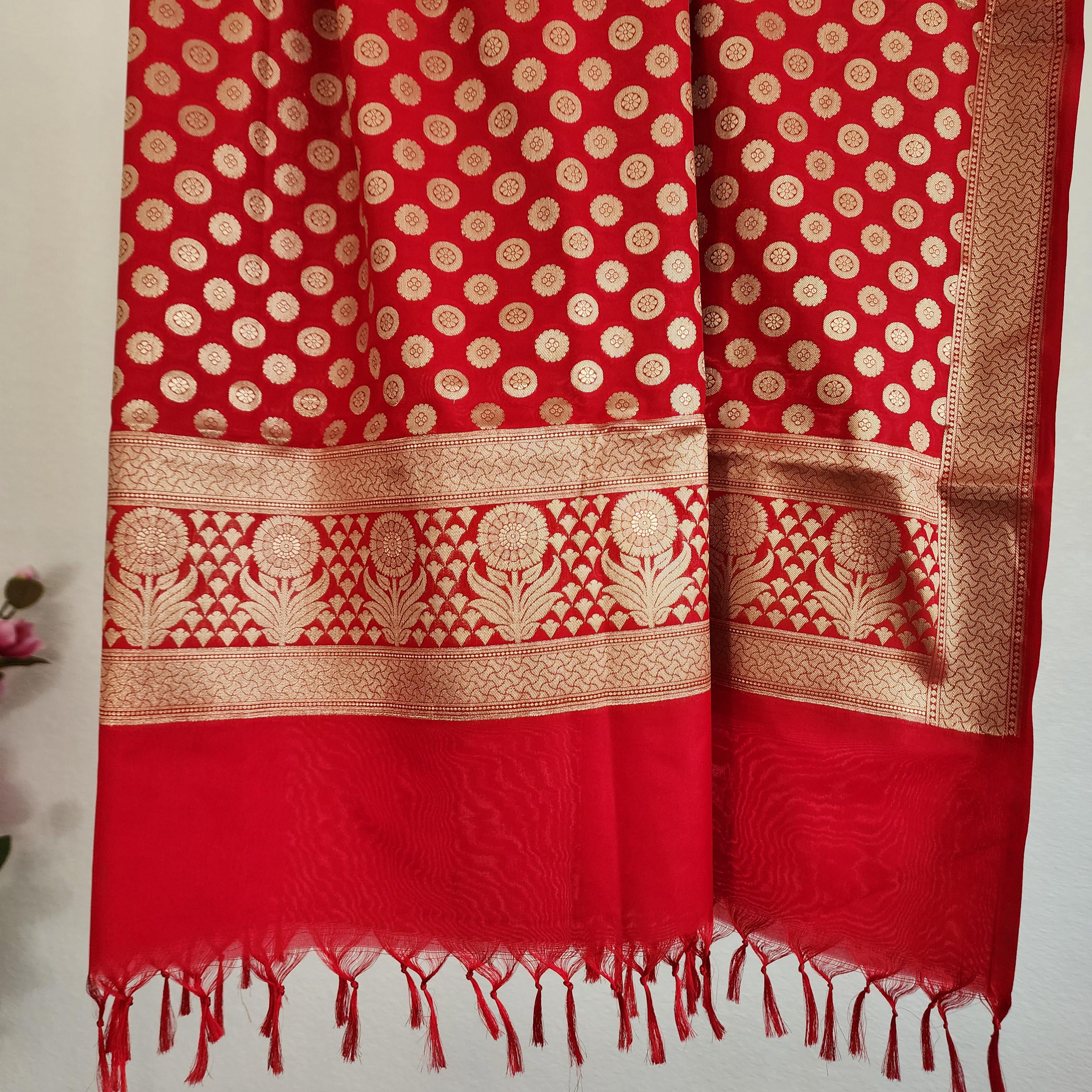Banarasi Silk Red Dupatta with gold handweaving, Indian traditional and Festive designer dupatta, luxurious soft Banarsi dupatta
