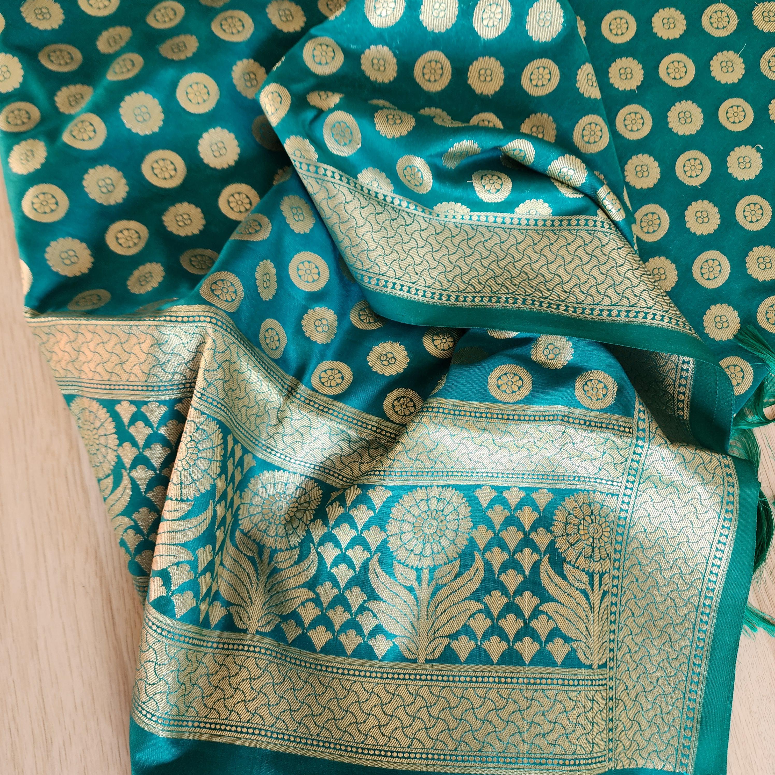 Banarasi Silk Rama Green Dupatta with gold handweaving, Indian traditional and Festive designer dupatta, luxurious soft Banarsi dupatta