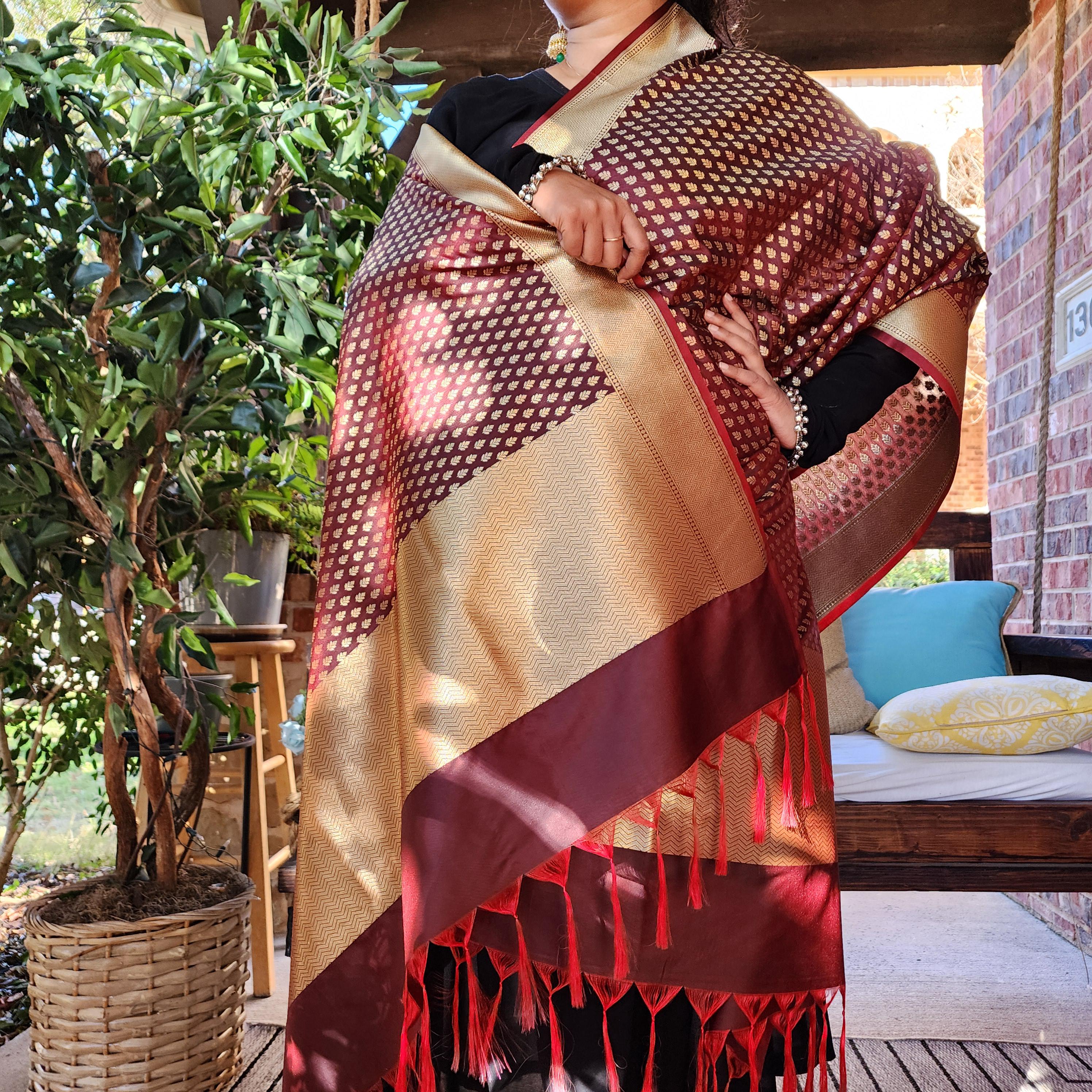 Banarasi Silk Brown Dupatta with gold handweaving, Indian traditional and Festive designer dupatta, luxurious soft Banarsi dupatta