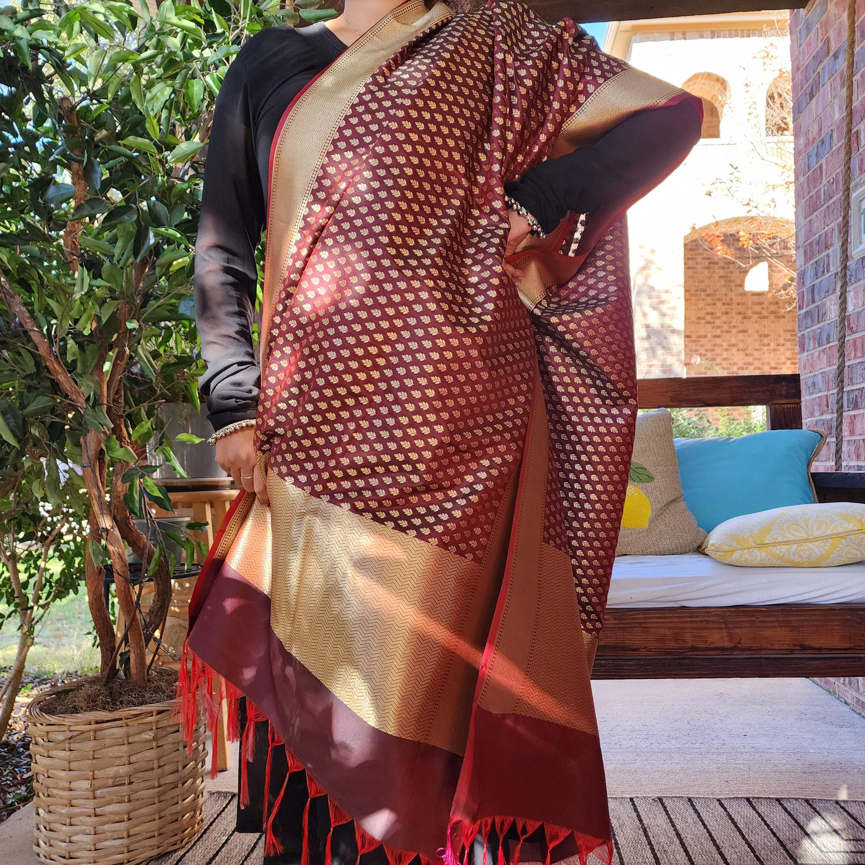 Banarasi Silk Brown Dupatta with gold handweaving, Indian traditional and Festive designer dupatta, luxurious soft Banarsi dupatta