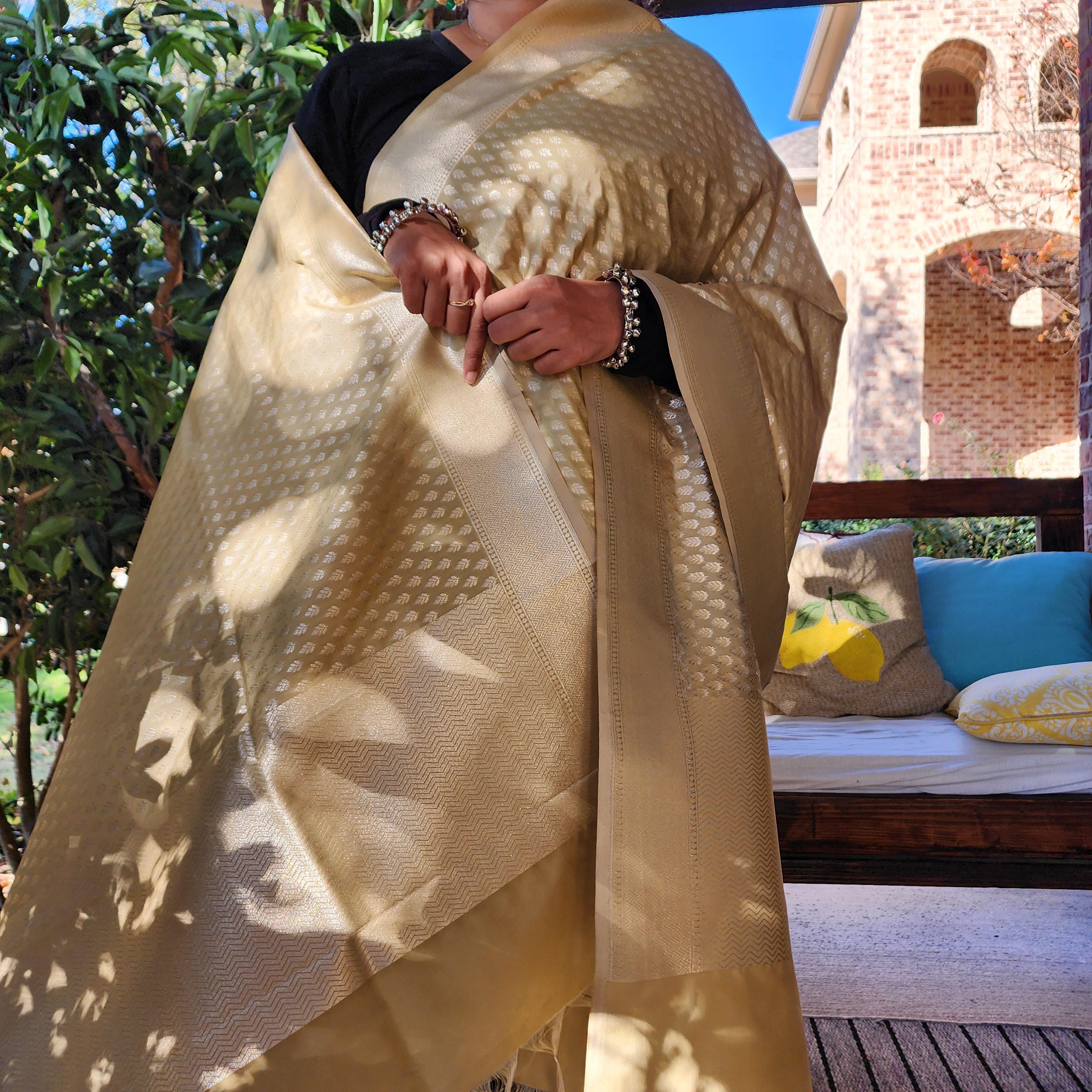 Banarasi Silk Biege Dupatta with gold handweaving, Indian traditional and Festive designer dupatta, luxurious soft Banarsi dupatta