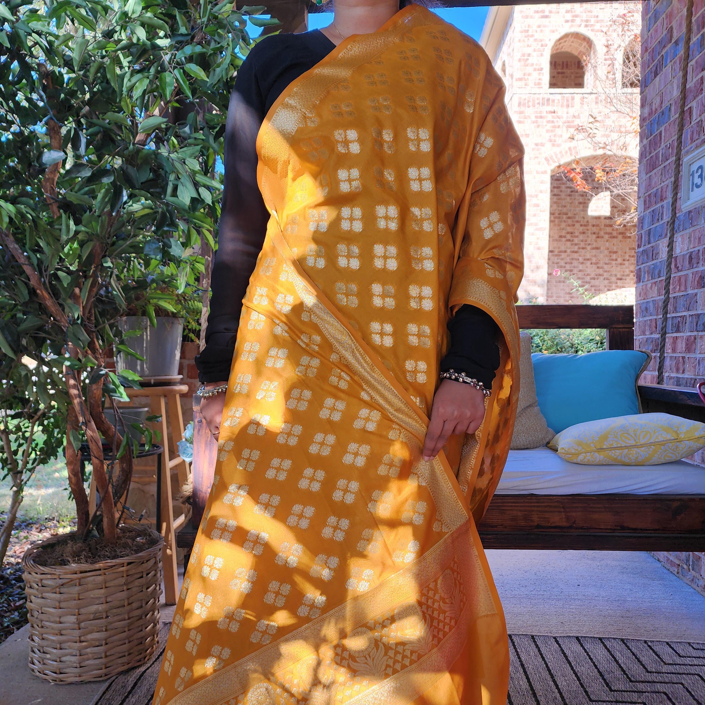 Banarasi Silk Mustard Yellow Dupatta with gold handweaving, Indian traditional and Festive designer dupatta, luxurious soft Banarsi dupatta