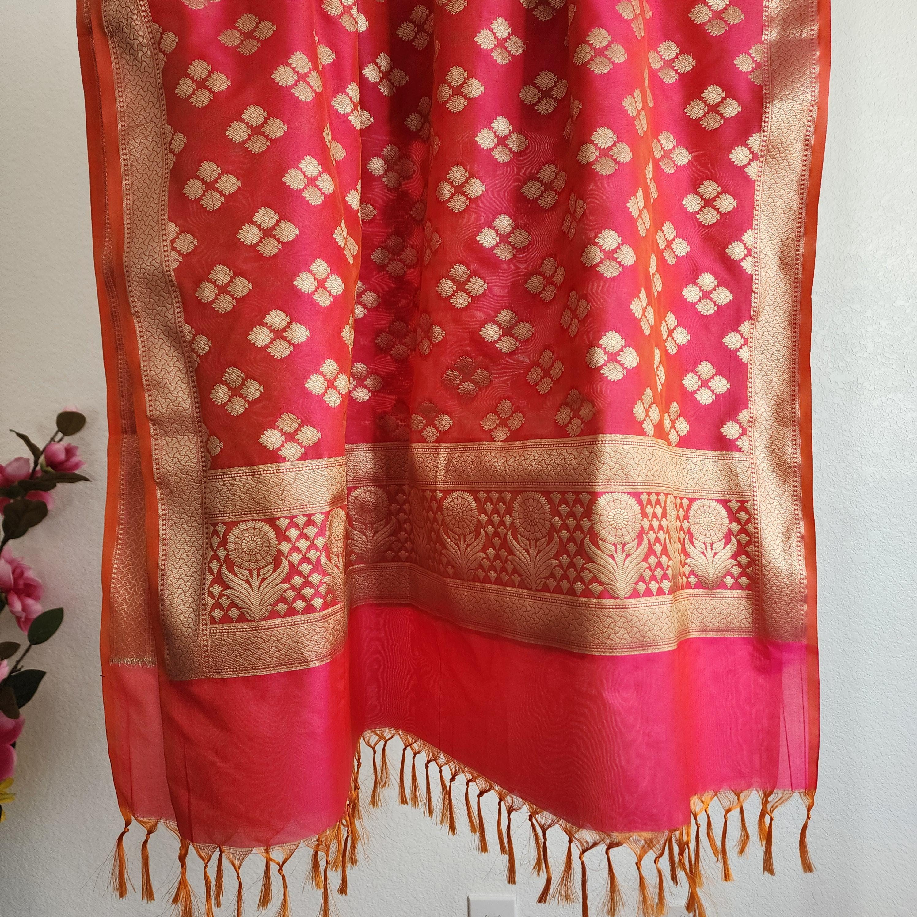 Banarasi Silk Peach Pink Dupatta with gold handweaving, Indian traditional and Festive designer dupatta, luxurious soft Banarsi dupatta