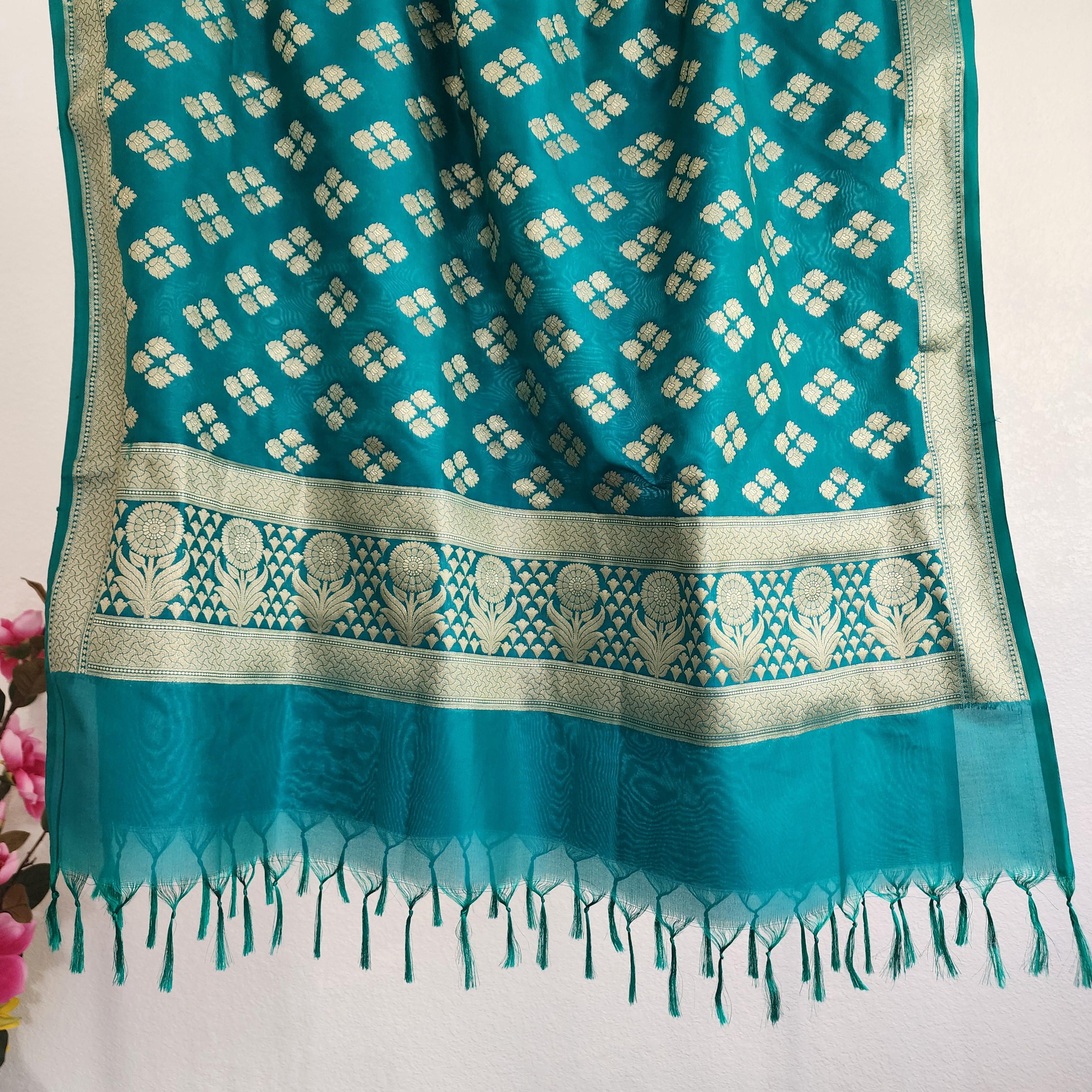 Banarasi Rama Green Color Dupatta with gold handweaving, Indian traditional and Festive designer dupatta, luxurious soft Banarsi dupatta