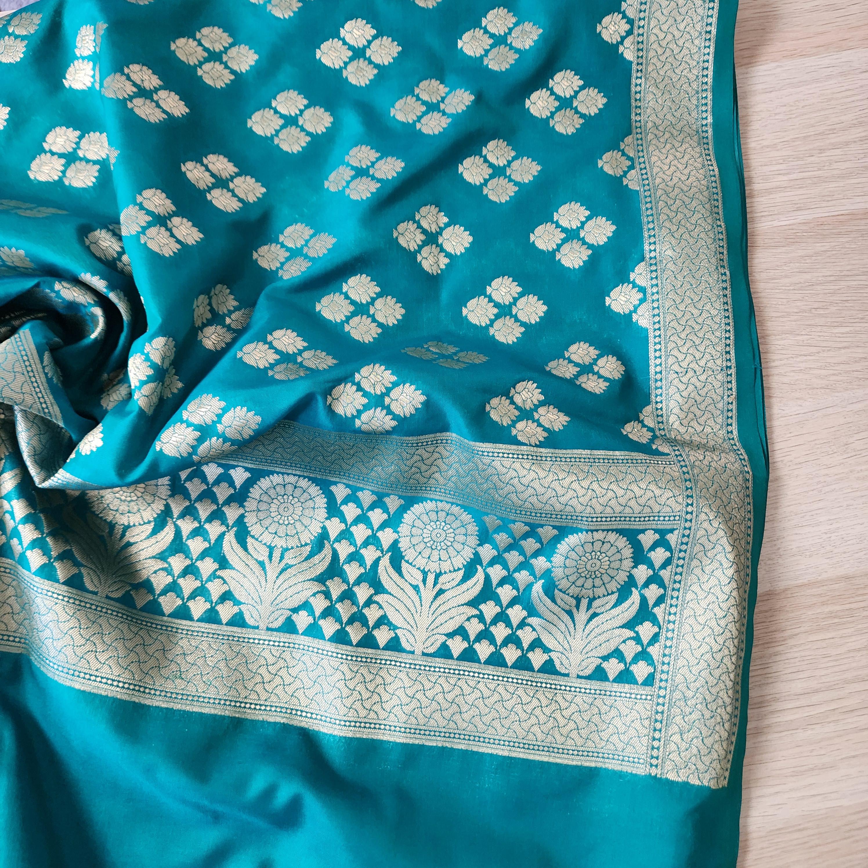 Banarasi Rama Green Color Dupatta with gold handweaving, Indian traditional and Festive designer dupatta, luxurious soft Banarsi dupatta