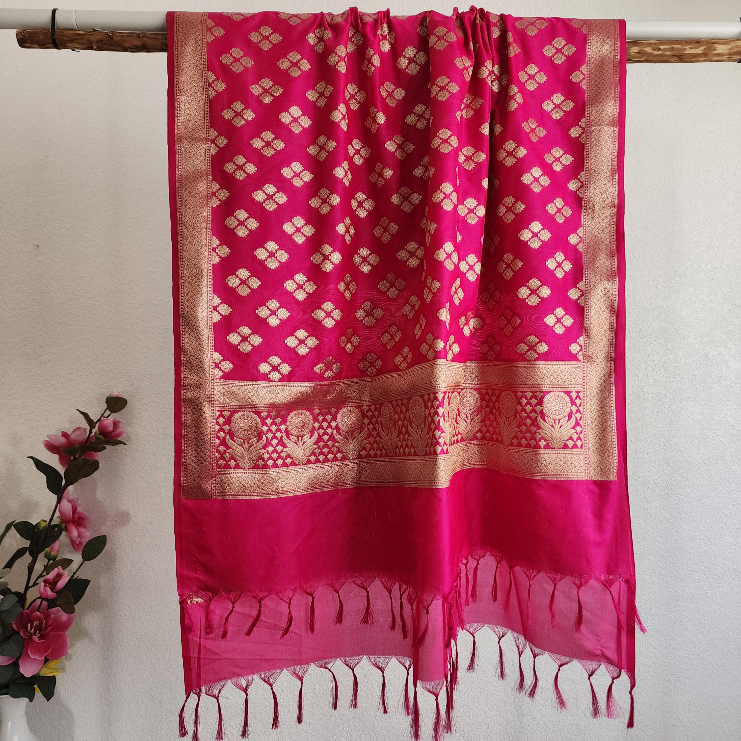 Banarasi Silk Rani Pink Color Dupatta with gold handweaving, Indian traditional and Festive designer dupatta, luxurious soft Banarsi dupatta