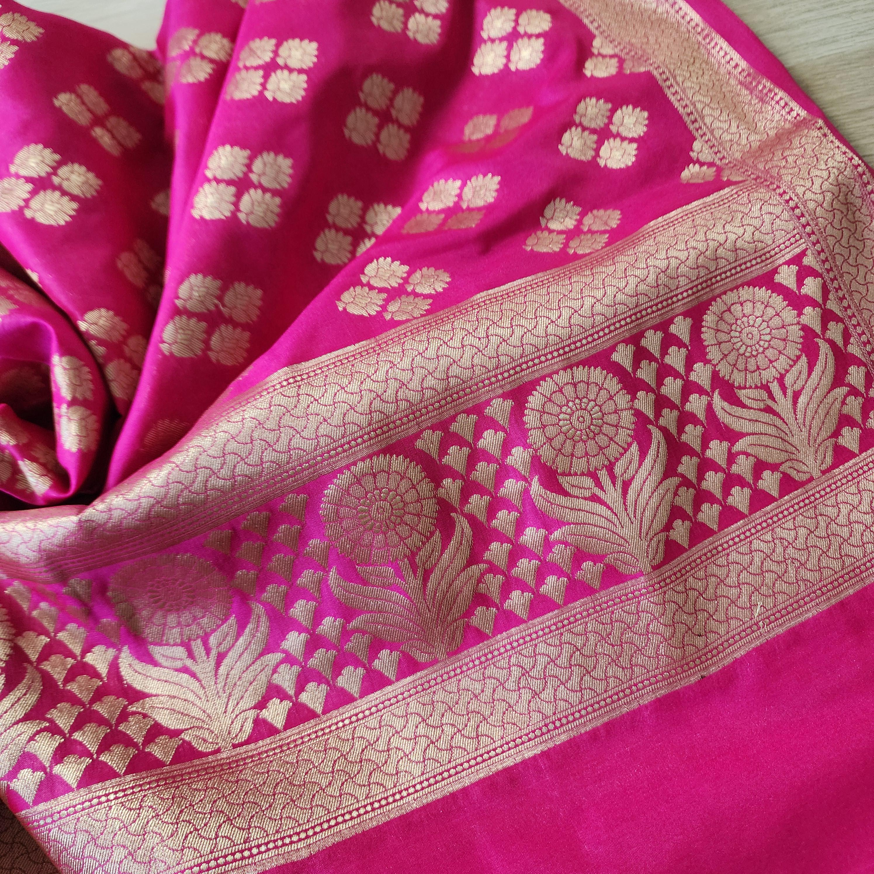 Banarasi Silk Rani Pink Color Dupatta with gold handweaving, Indian traditional and Festive designer dupatta, luxurious soft Banarsi dupatta