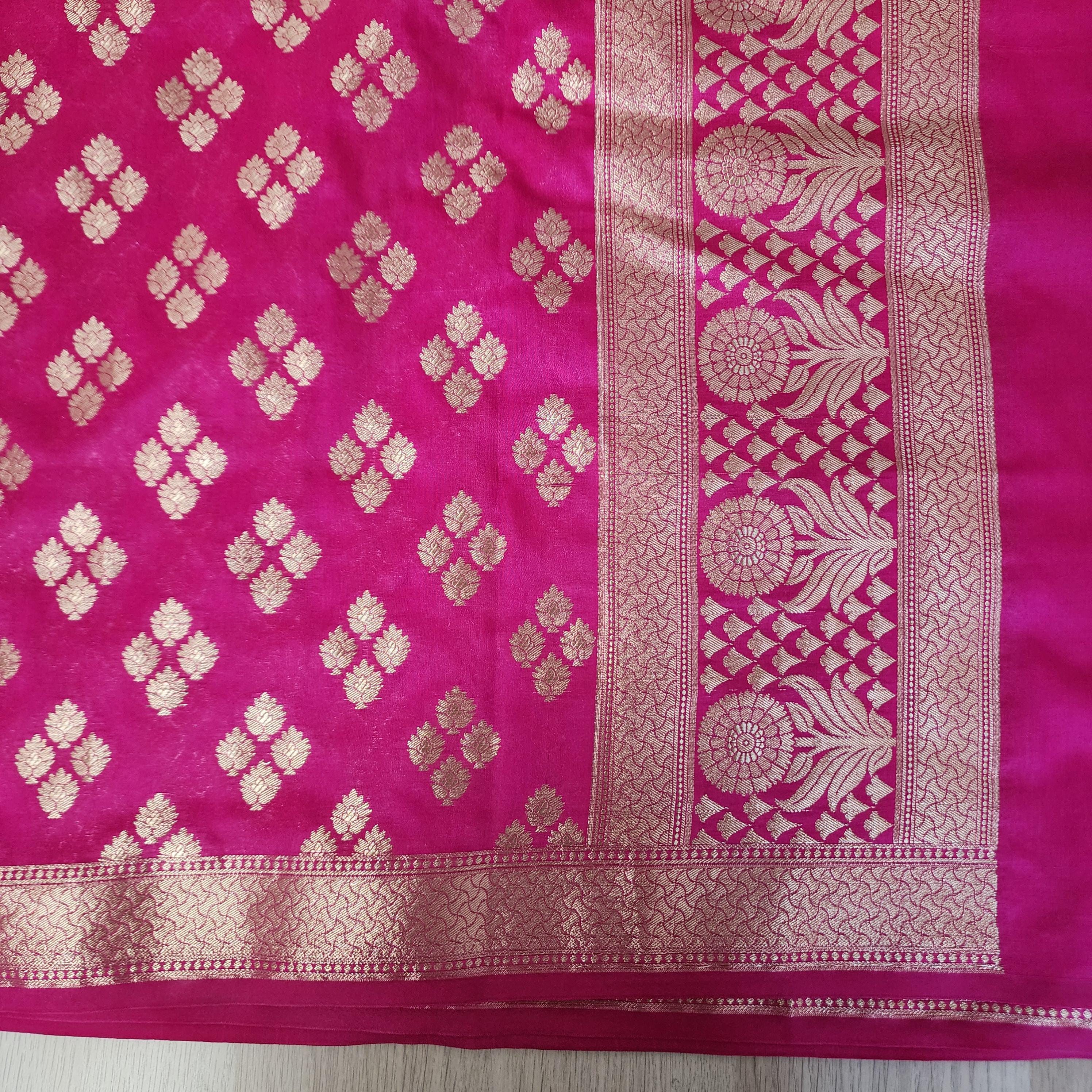 Banarasi Silk Rani Pink Color Dupatta with gold handweaving, Indian traditional and Festive designer dupatta, luxurious soft Banarsi dupatta