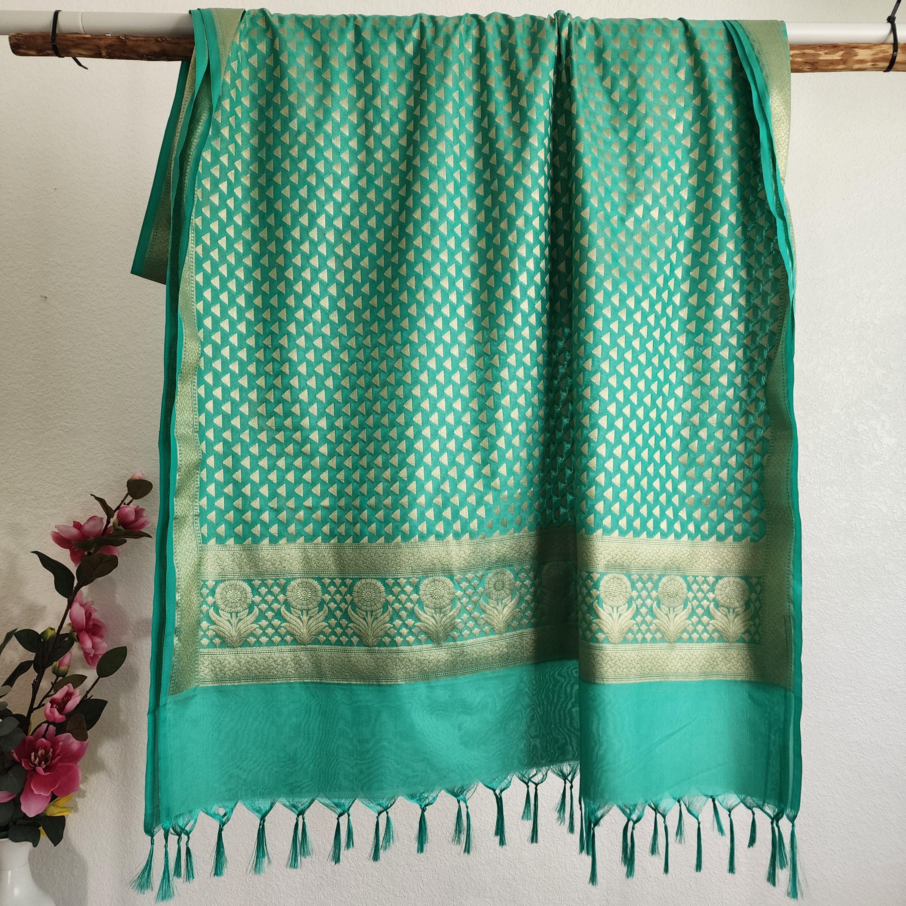 Aqua Green Dupatta with Geometric Triangle Weave & Tassels