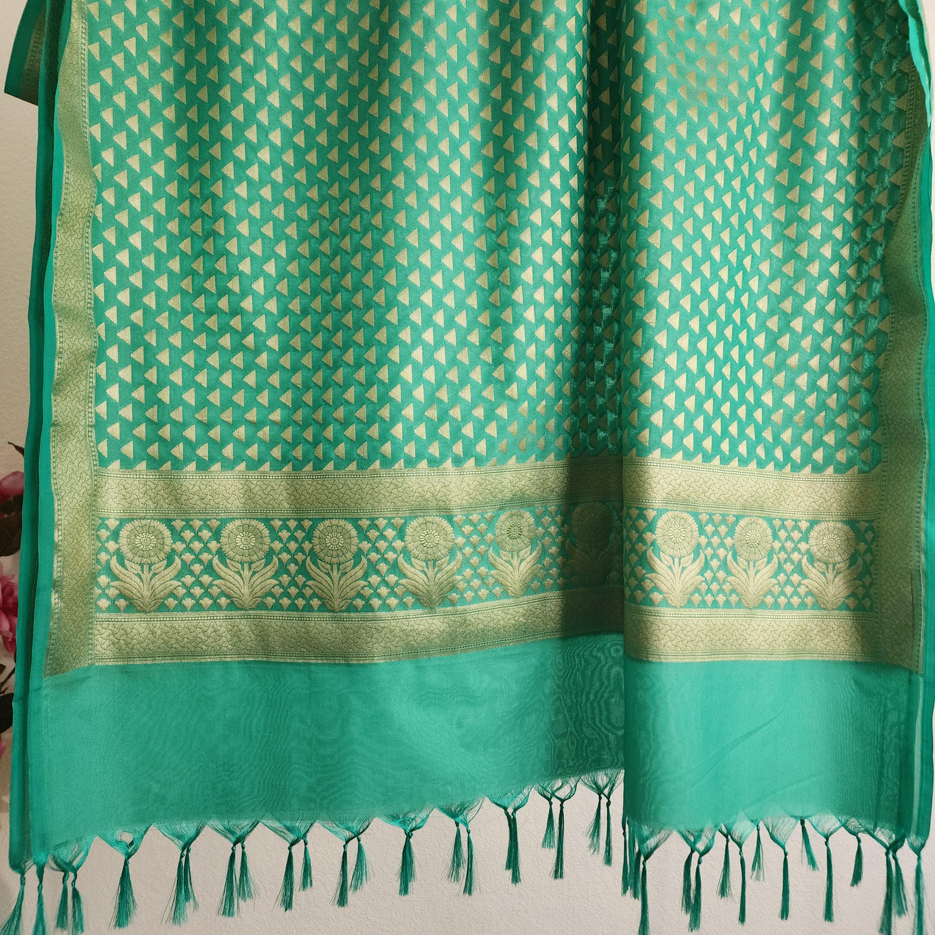 Aqua Green Dupatta with Geometric Triangle Weave & Tassels