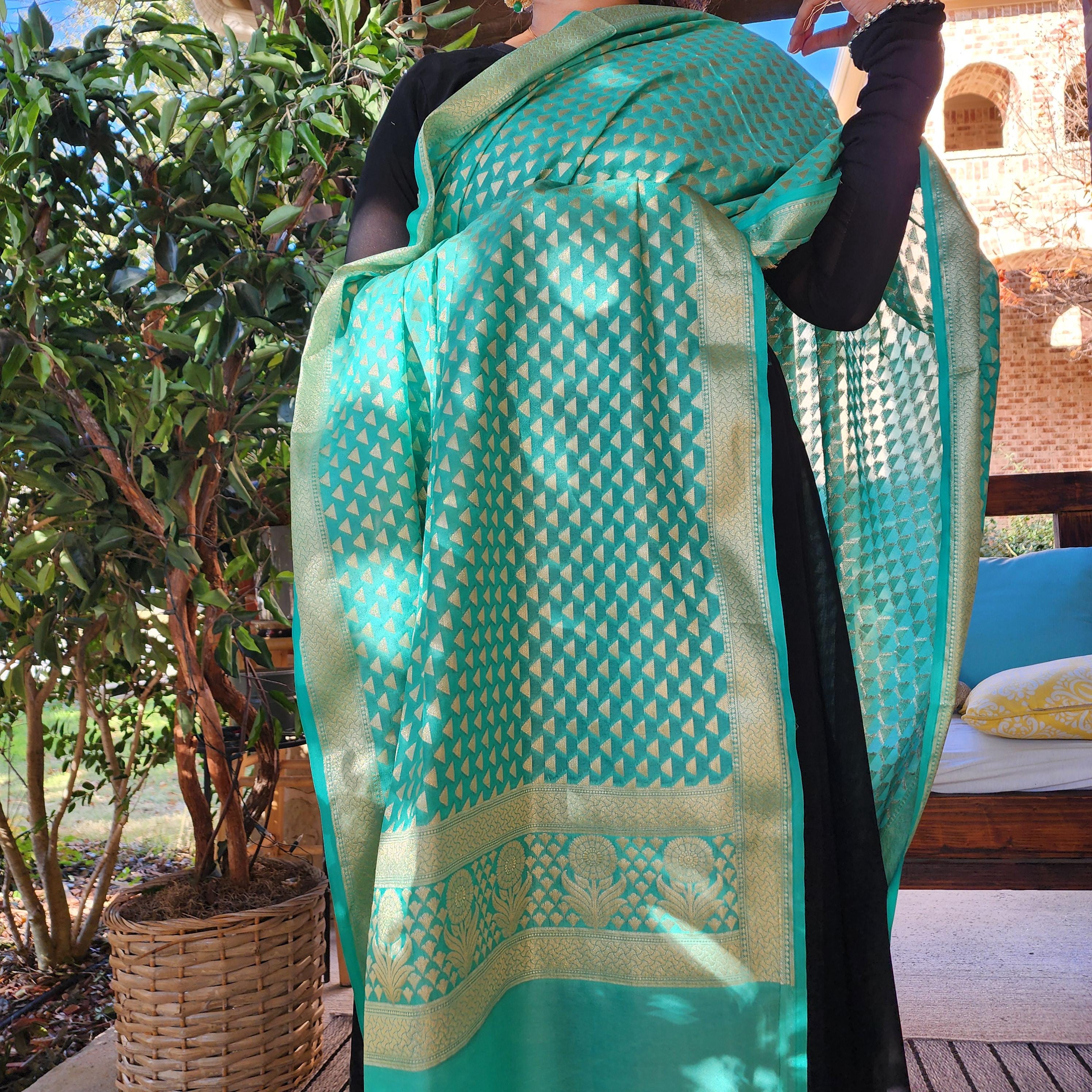 Aqua Green Dupatta with Geometric Triangle Weave & Tassels