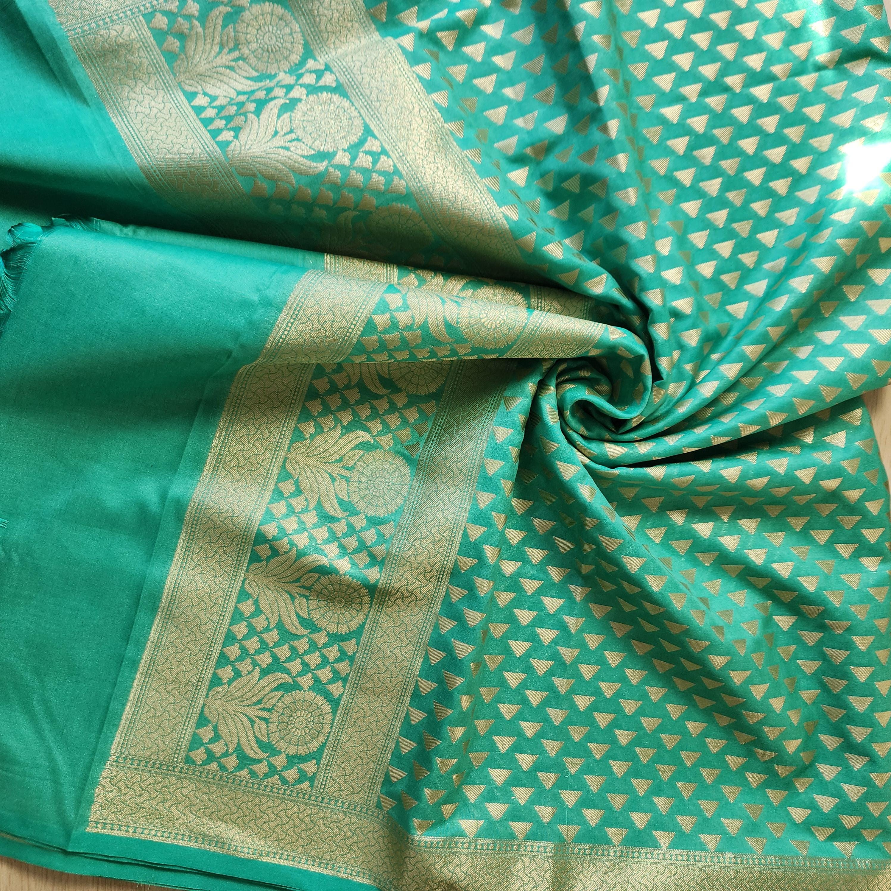 Aqua Green Dupatta with Geometric Triangle Weave & Tassels