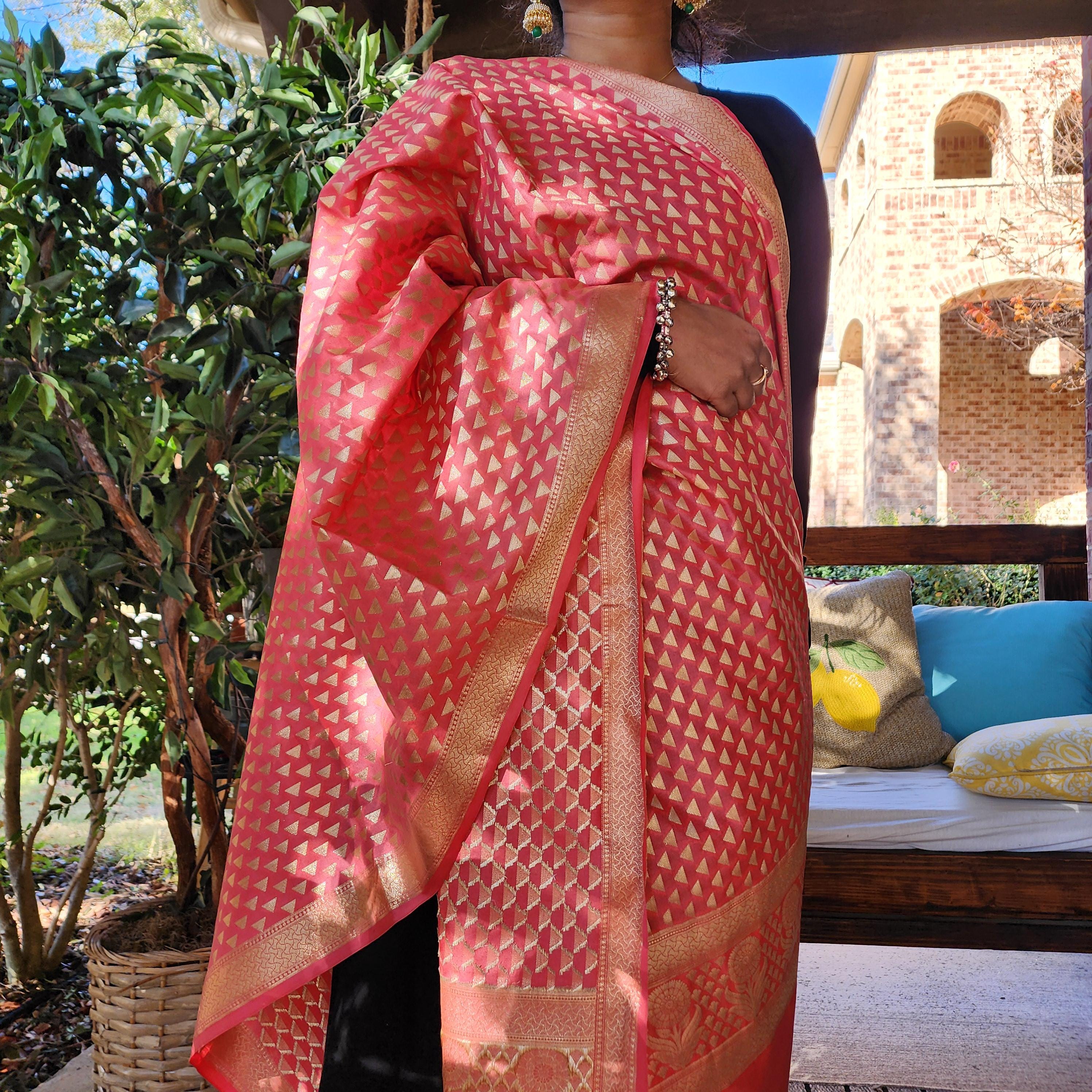 Peach Pink Dupatta with Geometric Triangle Weave & Tassels