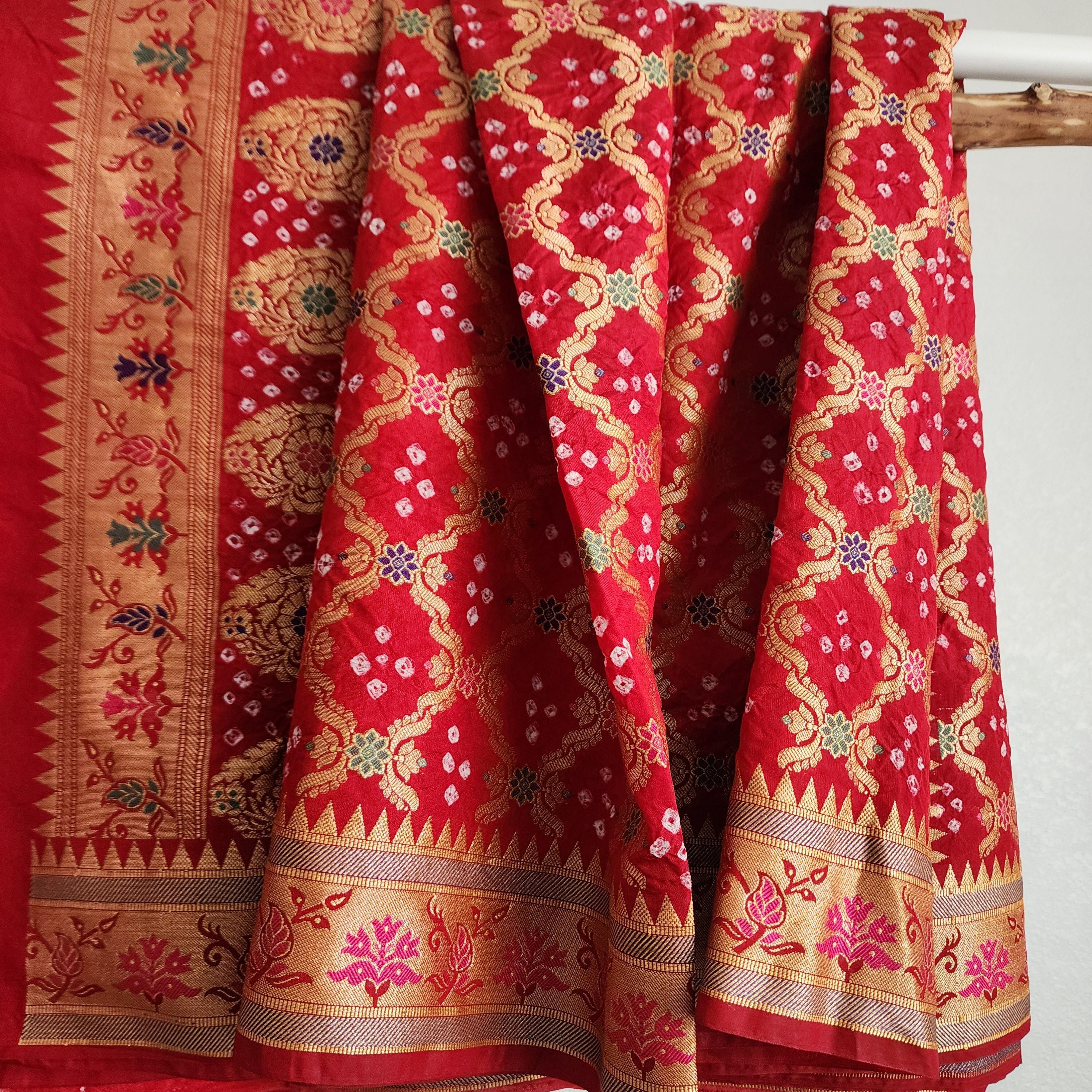 Banarasi Handwoven Bandhni Dupatta in Red, Beautiful Banarsi weaving in Gold