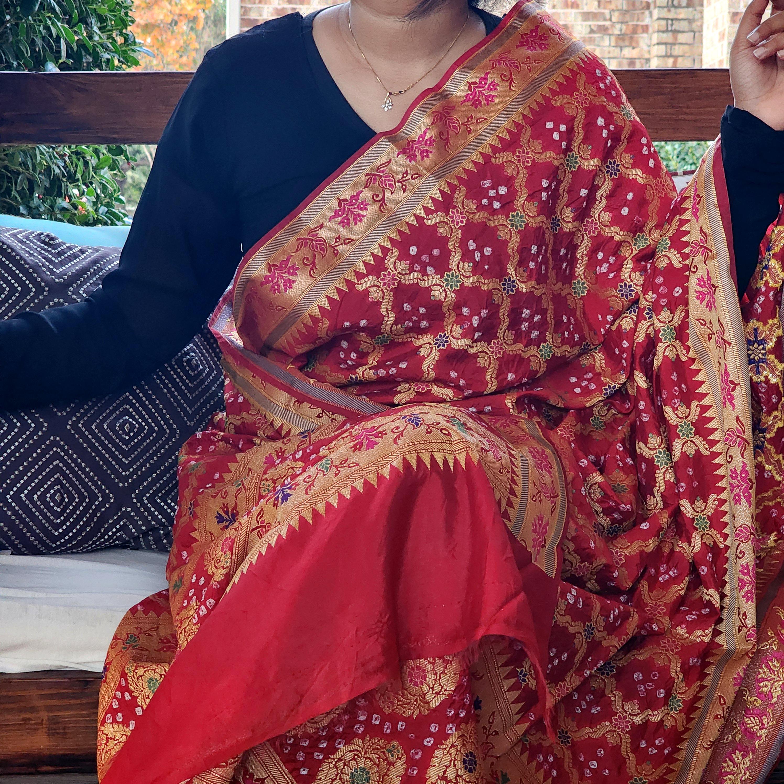 Banarasi Handwoven Bandhni Dupatta in Red, Beautiful Banarsi weaving in Gold