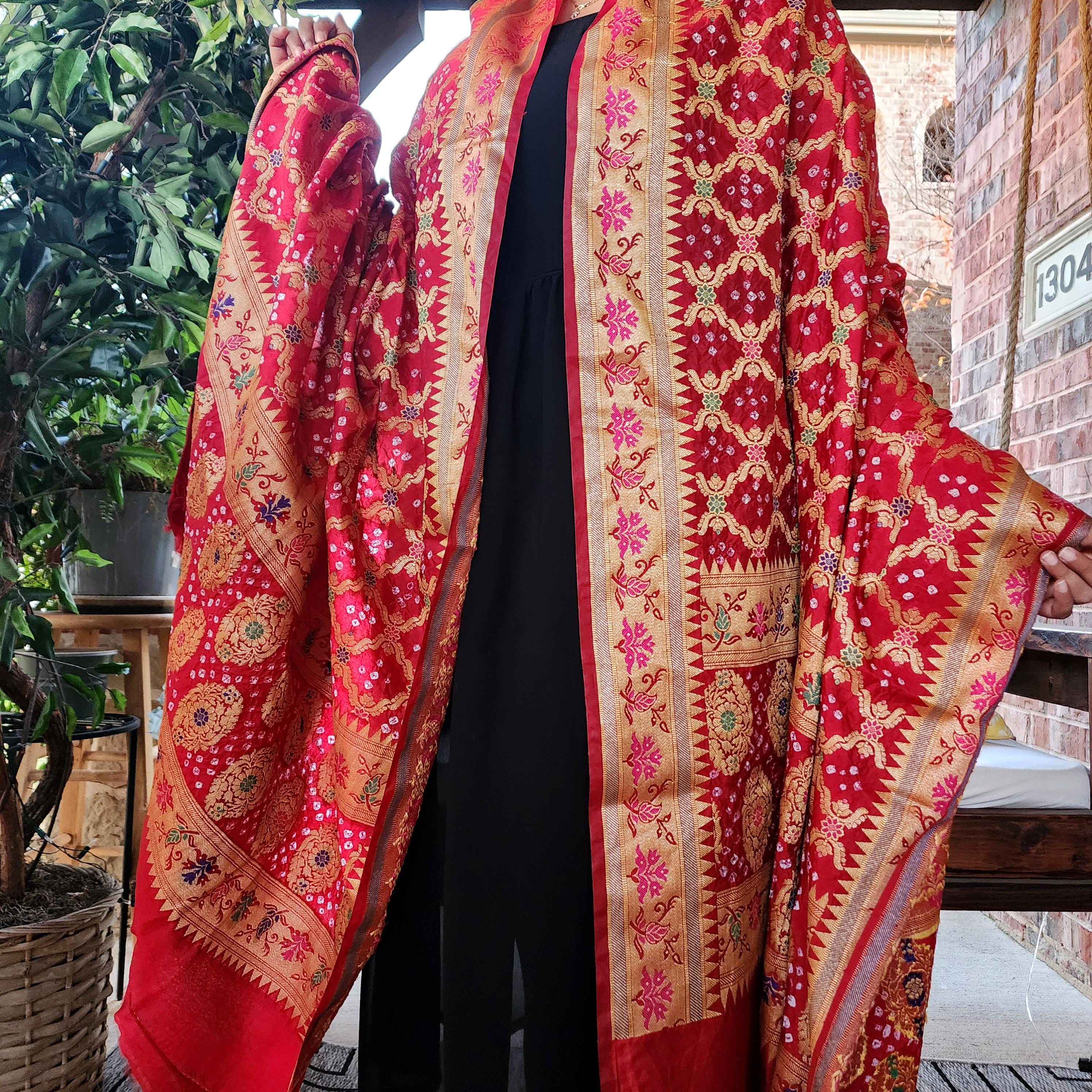 Banarasi Handwoven Bandhni Dupatta in Red, Beautiful Banarsi weaving in Gold