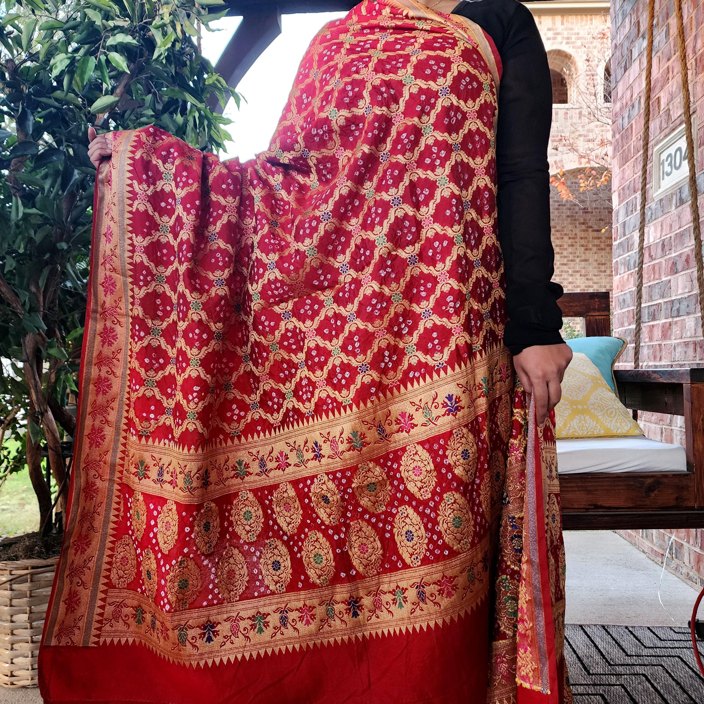 Banarasi Handwoven Bandhni Dupatta in Red, Beautiful Banarsi weaving in Gold